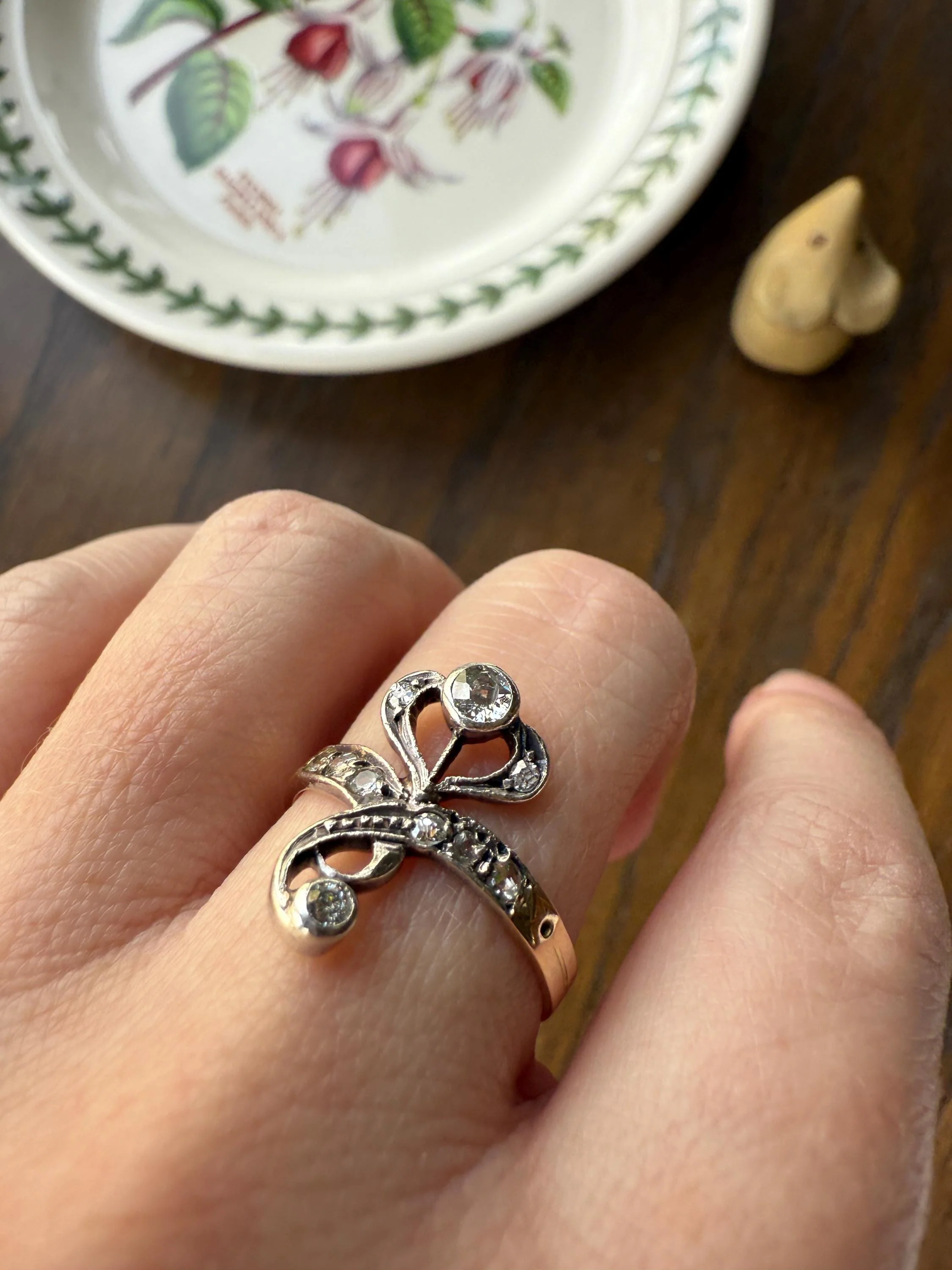Antique Art Nouveau Jugendstil Old Mine Rose Cut Diamond Whiplash Swirl Stylized Flower Ring 14k Gold Silver Figural Ornate - Image 7