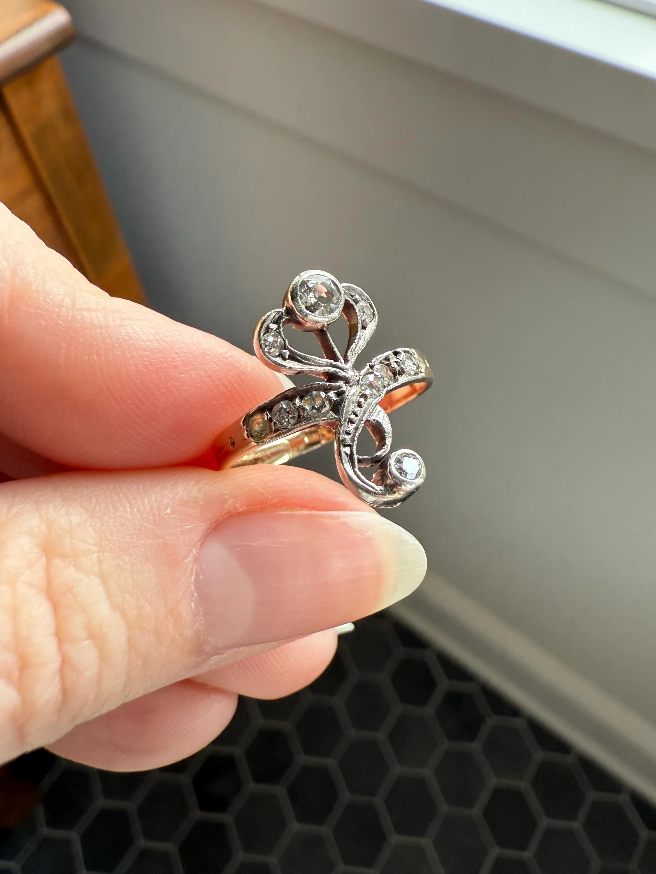 Antique Art Nouveau Jugendstil Old Mine Rose Cut Diamond Whiplash Swirl Stylized Flower Ring 14k Gold Silver Figural Ornate - Image 8
