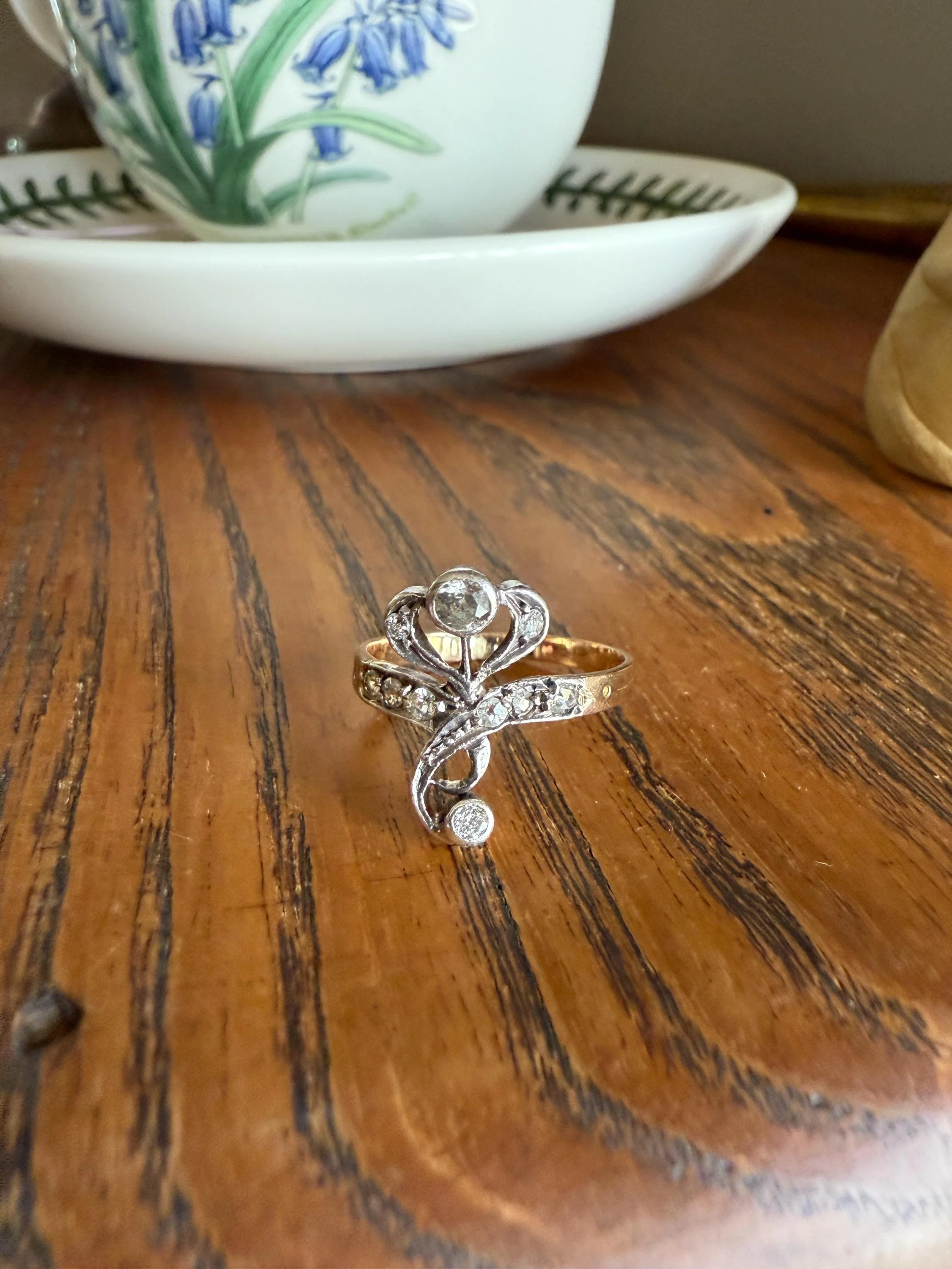 Antique Art Nouveau Jugendstil Old Mine Rose Cut Diamond Whiplash Swirl Stylized Flower Ring 14k Gold Silver Figural Ornate - Image 9