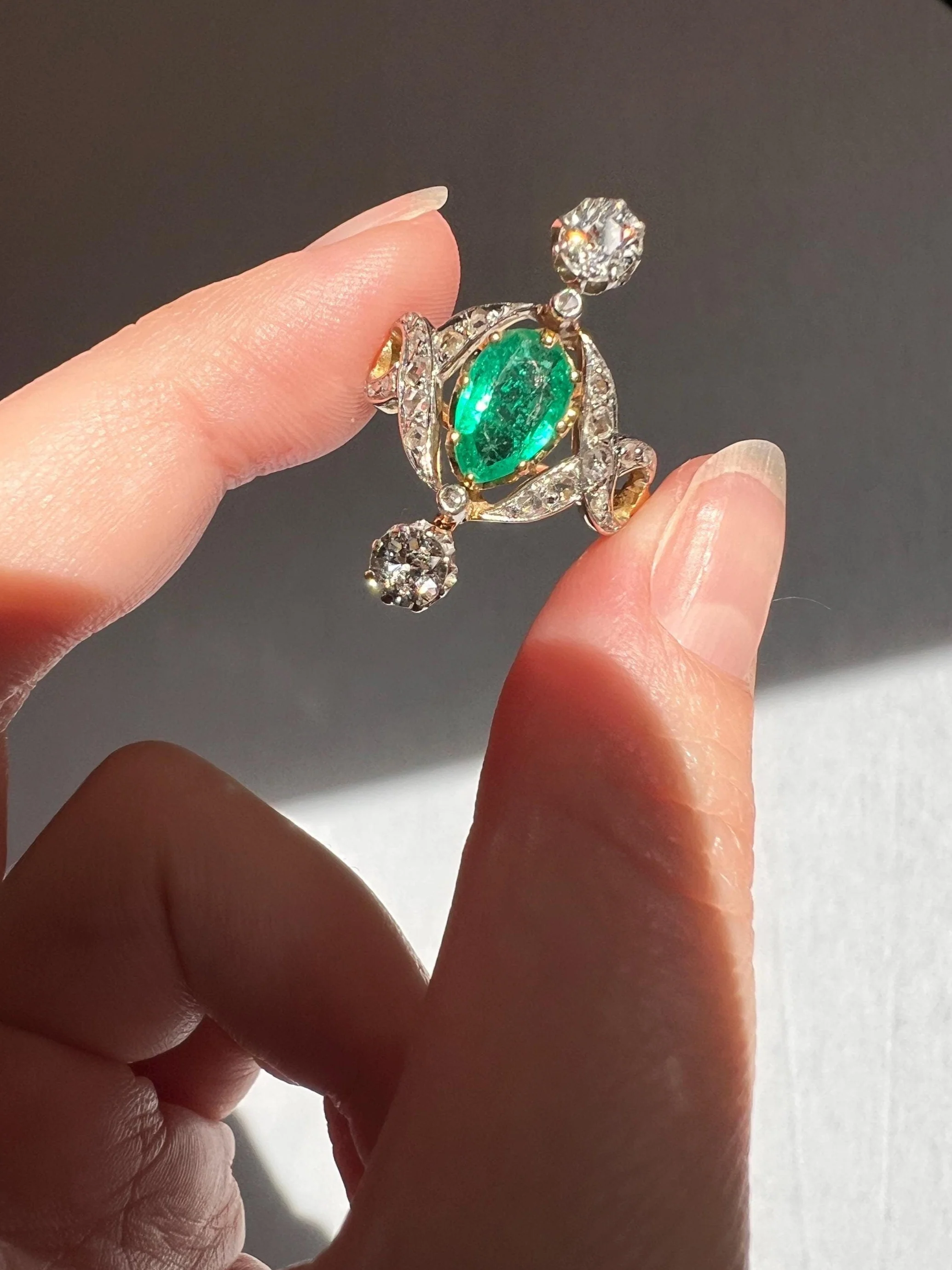 Antique Belle Epoque Pear EMERALD 1.5 Carat Rose Old Mine Cut Diamond XL Swirl Ring French 18k Gold - Image 10
