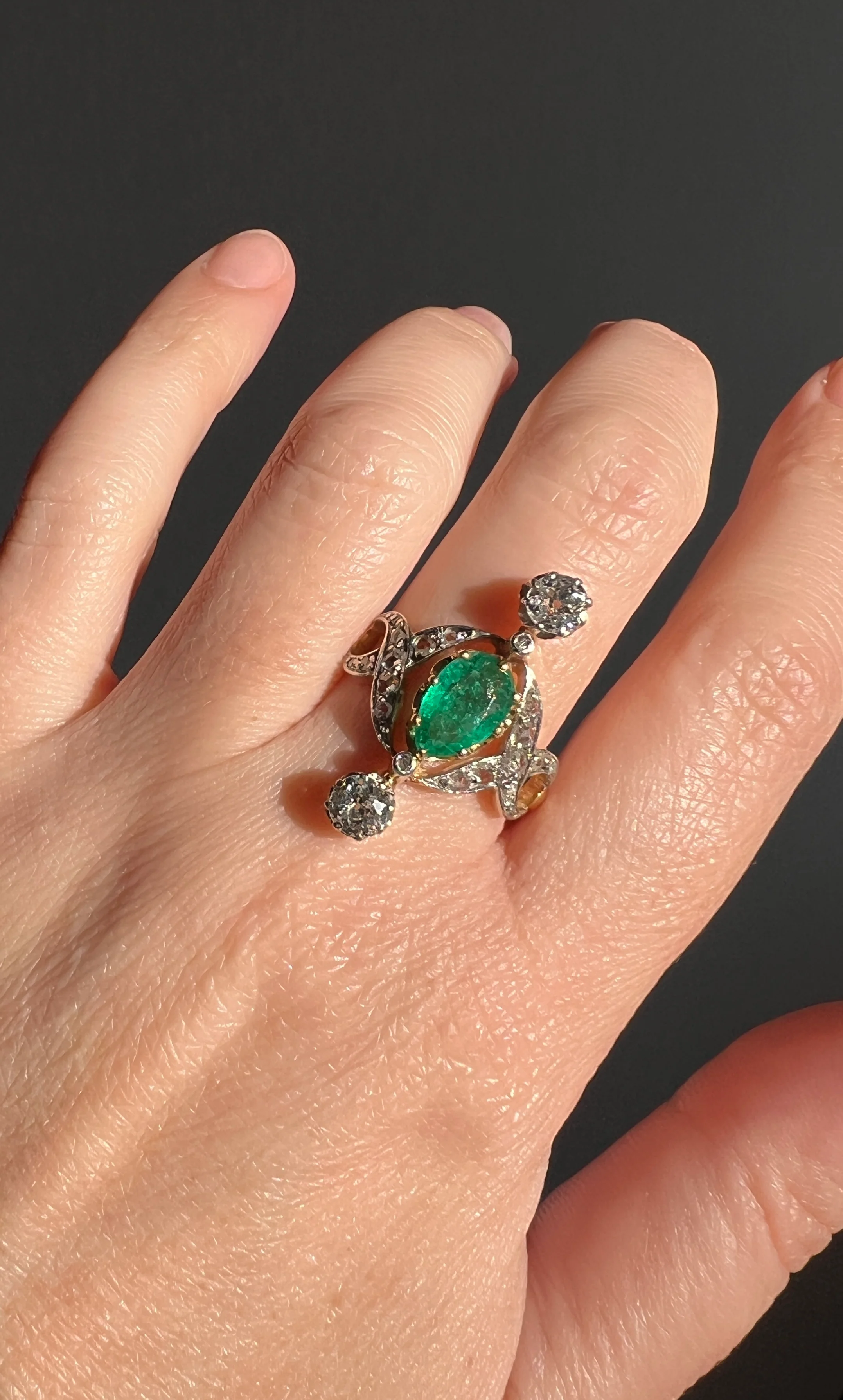 Antique Belle Epoque Pear EMERALD 1.5 Carat Rose Old Mine Cut Diamond XL Swirl Ring French 18k Gold - Image 11