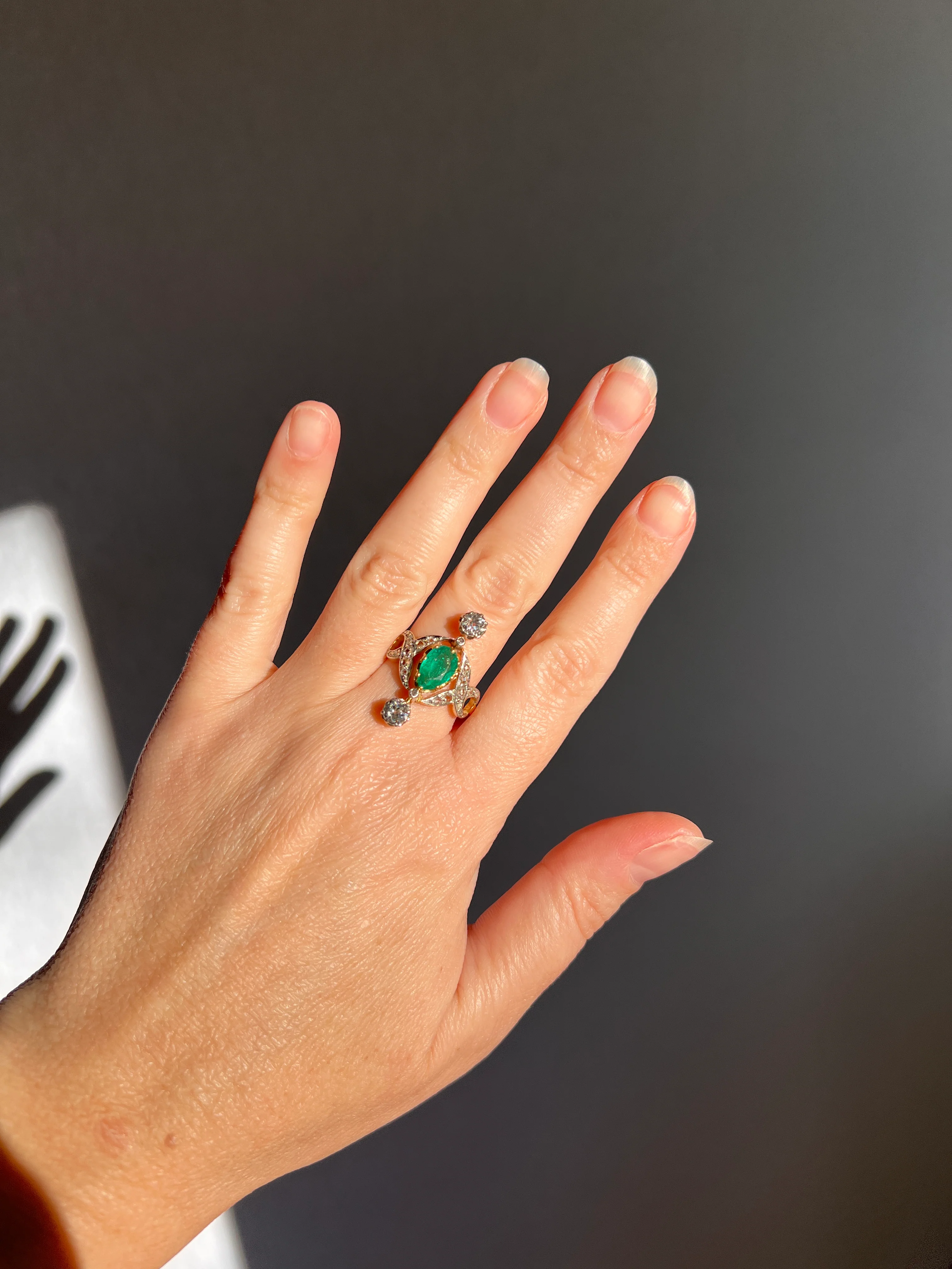 Antique Belle Epoque Pear EMERALD 1.5 Carat Rose Old Mine Cut Diamond XL Swirl Ring French 18k Gold - Image 12