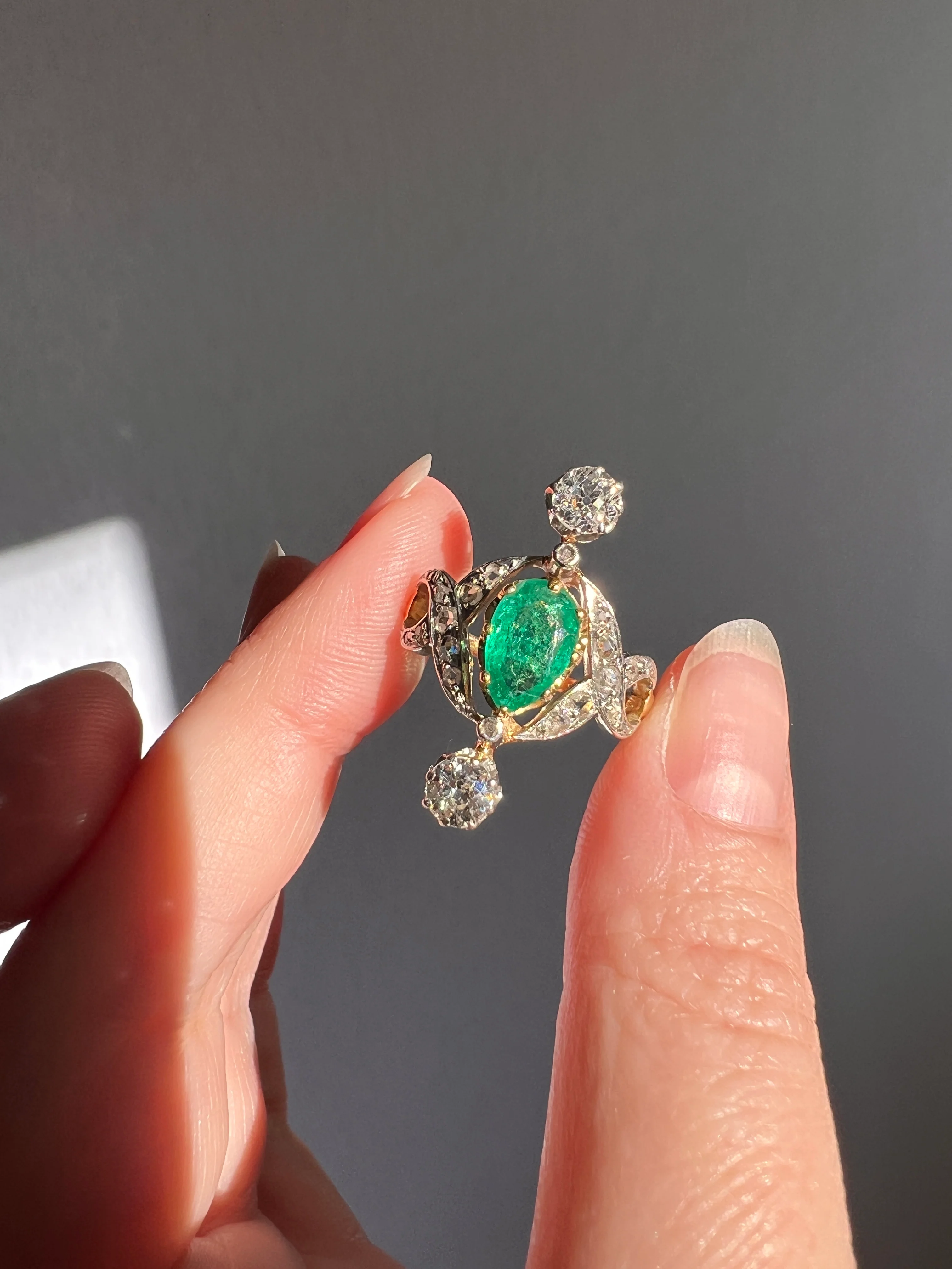 Antique Belle Epoque Pear EMERALD 1.5 Carat Rose Old Mine Cut Diamond XL Swirl Ring French 18k Gold - Image 13