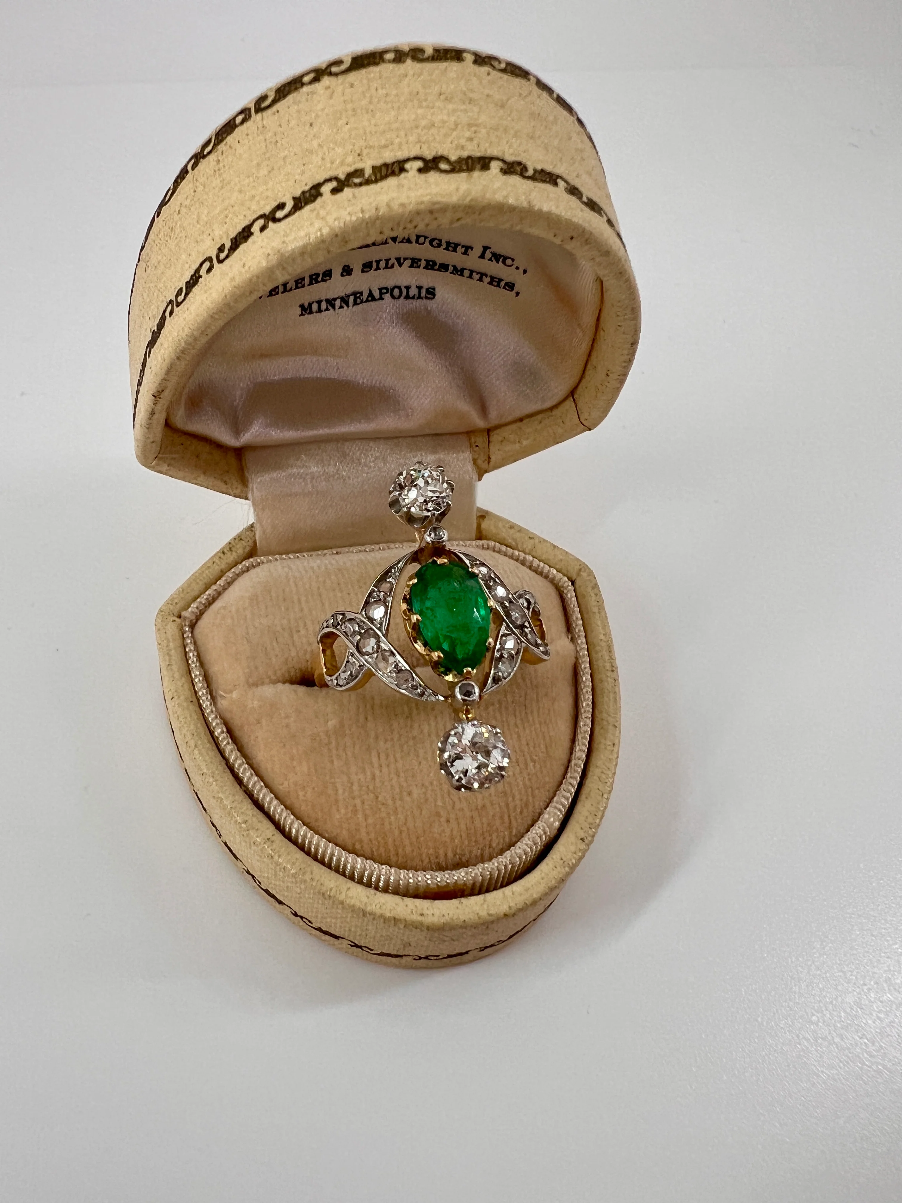 Antique Belle Epoque Pear EMERALD 1.5 Carat Rose Old Mine Cut Diamond XL Swirl Ring French 18k Gold - Image 14