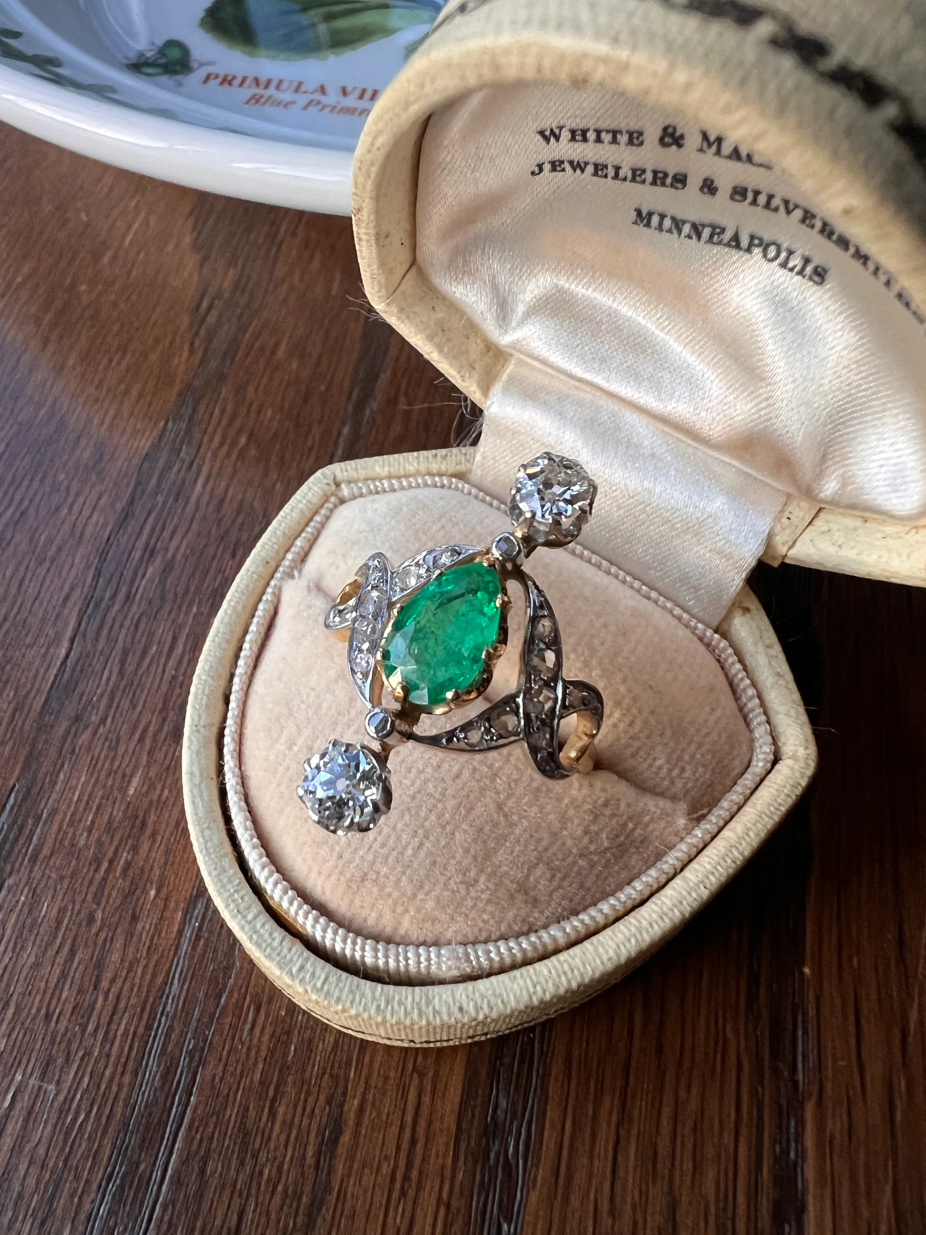 Antique Belle Epoque Pear EMERALD 1.5 Carat Rose Old Mine Cut Diamond XL Swirl Ring French 18k Gold - Image 15