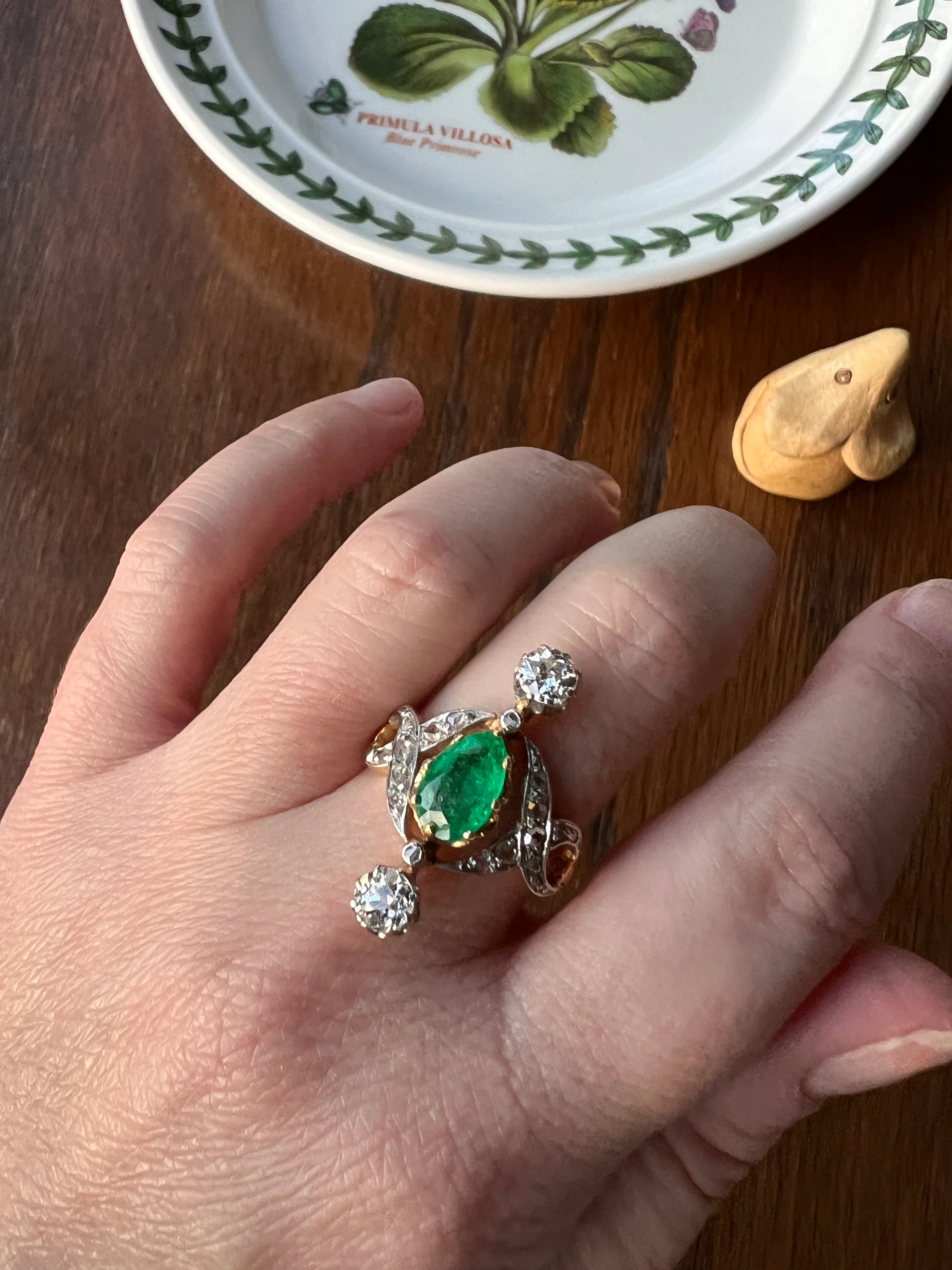 Antique Belle Epoque Pear EMERALD 1.5 Carat Rose Old Mine Cut Diamond XL Swirl Ring French 18k Gold - Image 16