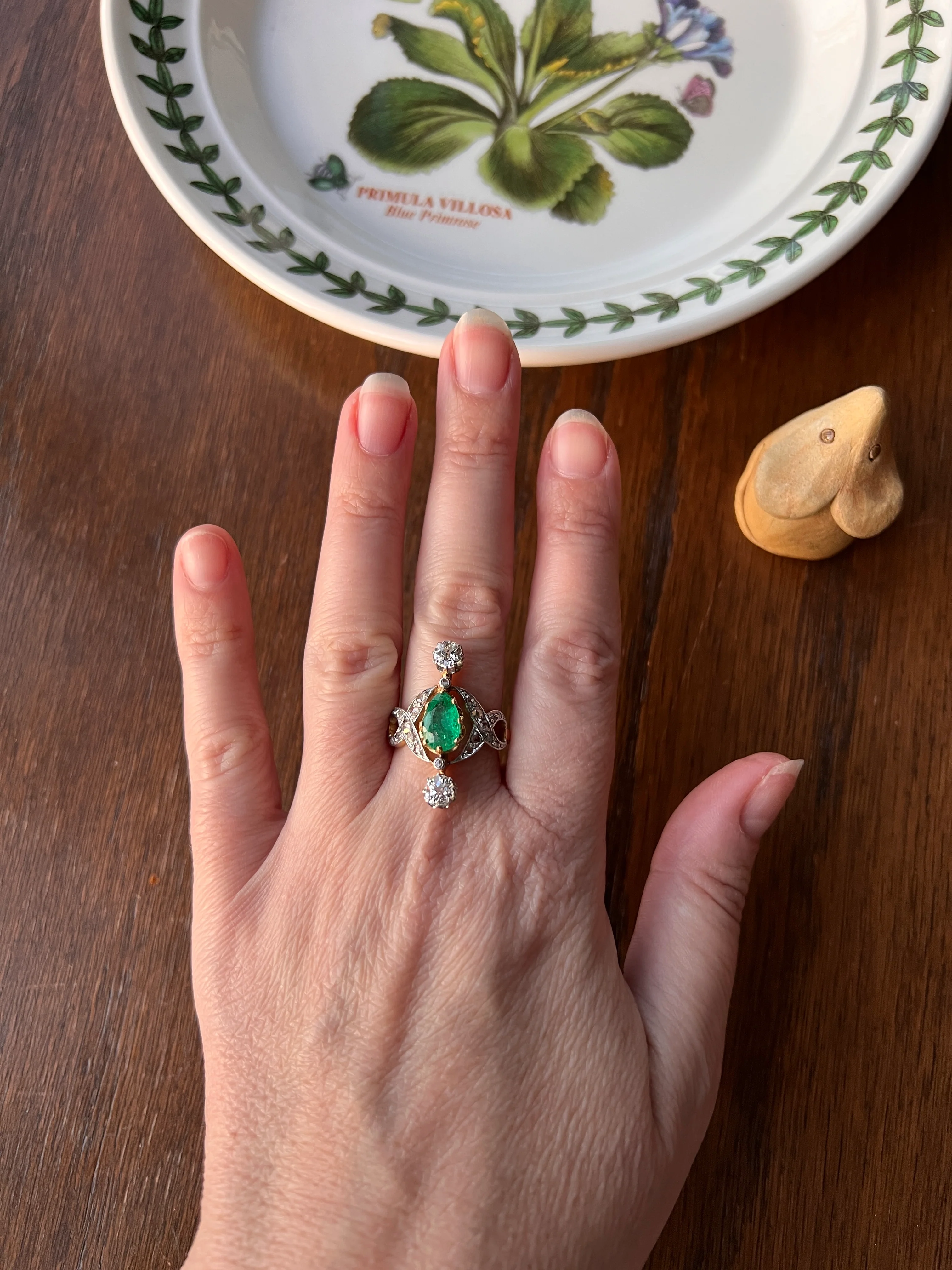 Antique Belle Epoque Pear EMERALD 1.5 Carat Rose Old Mine Cut Diamond XL Swirl Ring French 18k Gold - Image 18