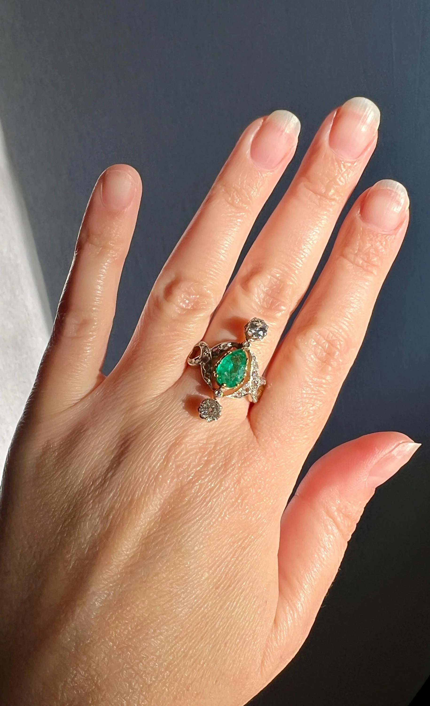 Antique Belle Epoque Pear EMERALD 1.5 Carat Rose Old Mine Cut Diamond XL Swirl Ring French 18k Gold - Image 2