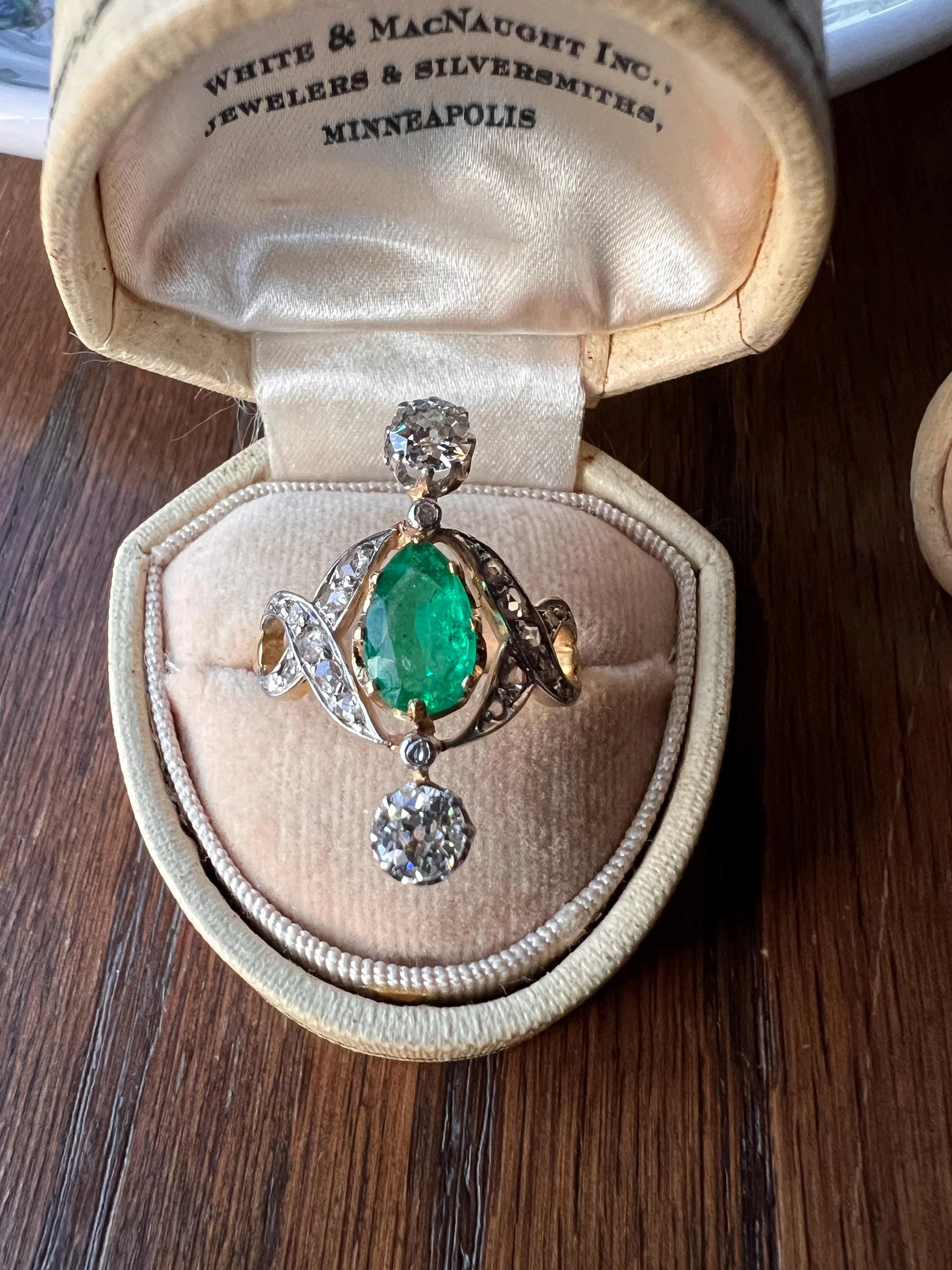 Antique Belle Epoque Pear EMERALD 1.5 Carat Rose Old Mine Cut Diamond XL Swirl Ring French 18k Gold - Image 3