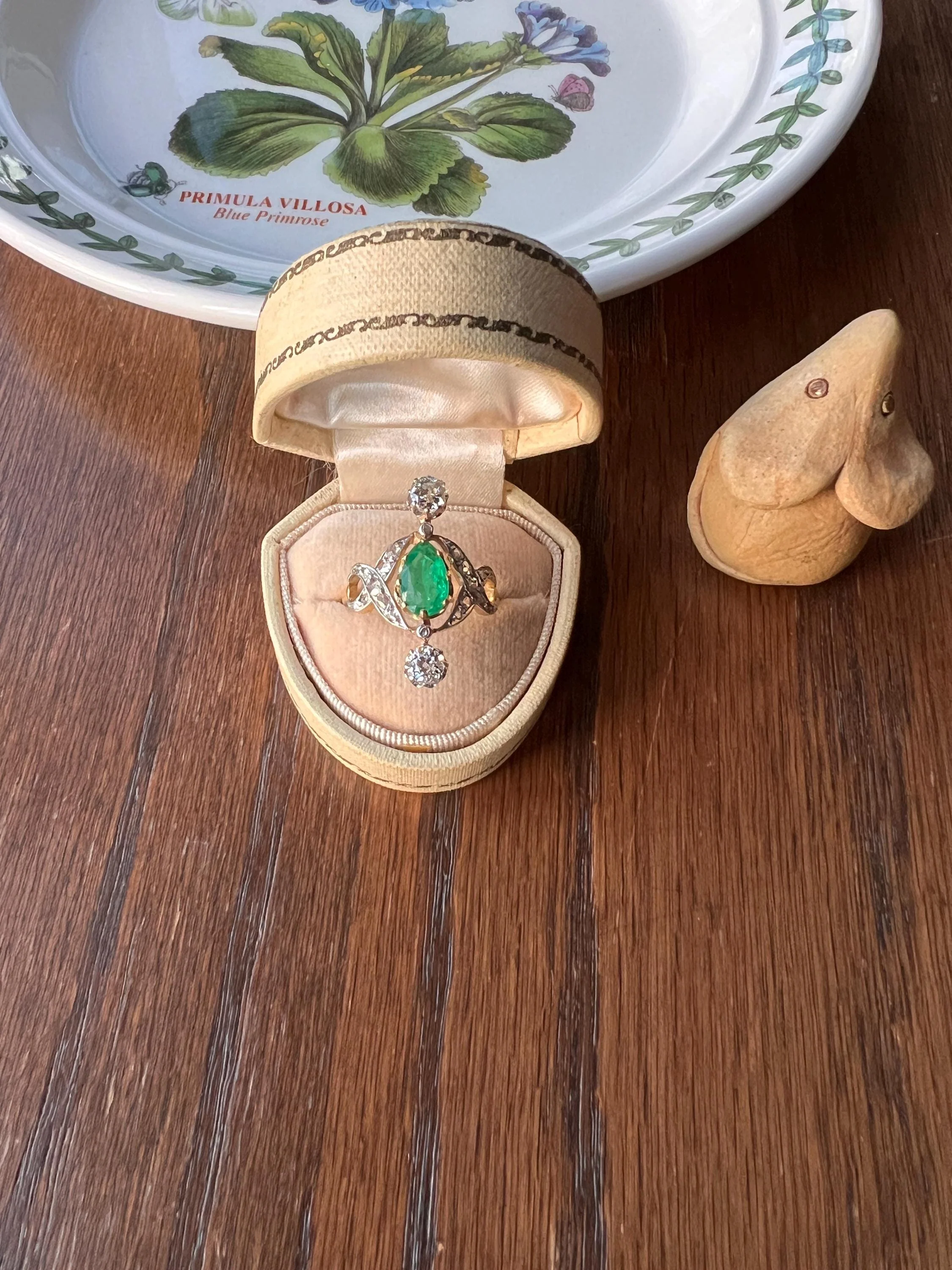 Antique Belle Epoque Pear EMERALD 1.5 Carat Rose Old Mine Cut Diamond XL Swirl Ring French 18k Gold - Image 5