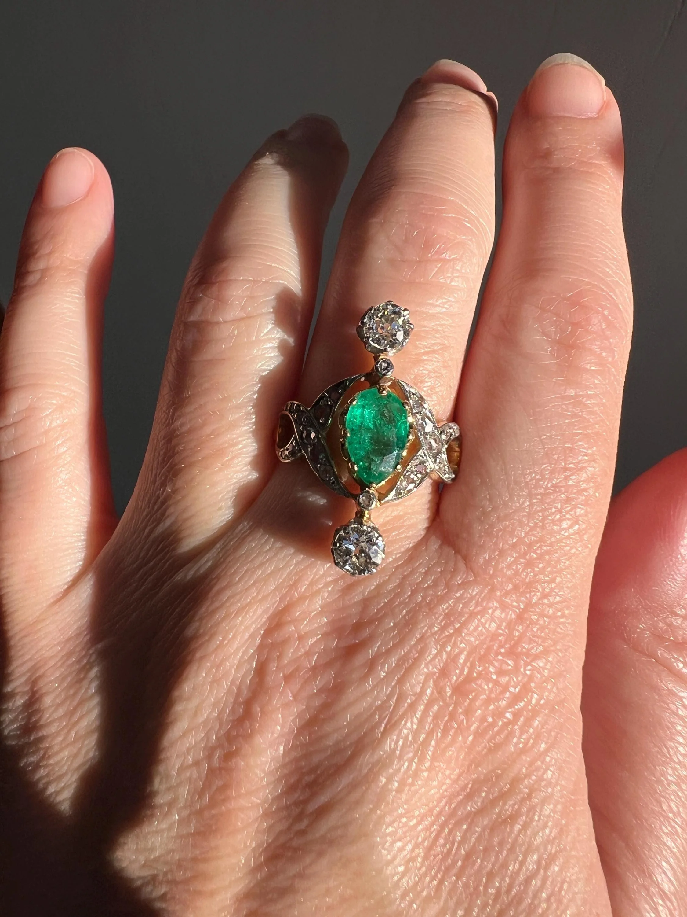 Antique Belle Epoque Pear EMERALD 1.5 Carat Rose Old Mine Cut Diamond XL Swirl Ring French 18k Gold - Image 6