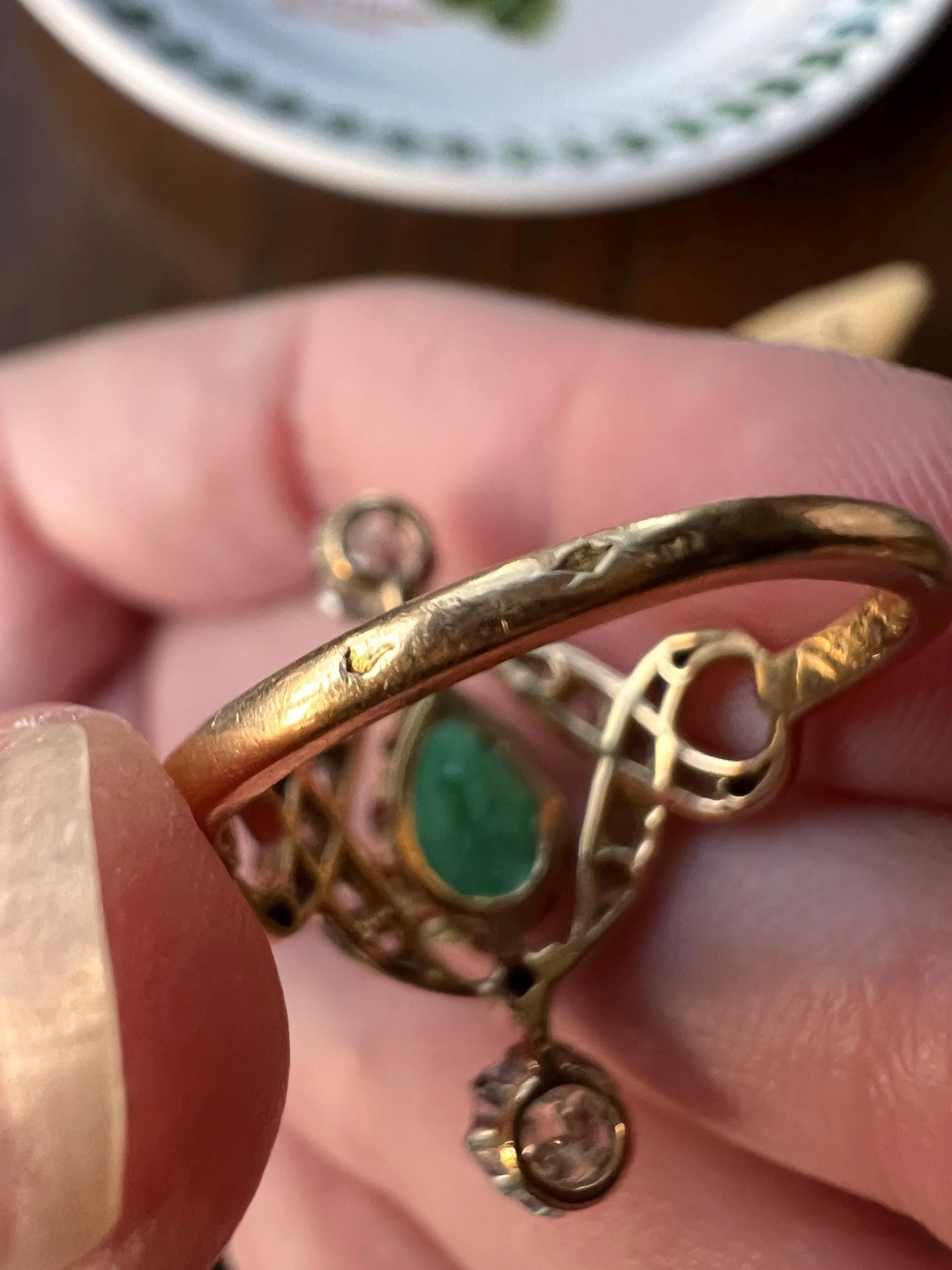Antique Belle Epoque Pear EMERALD 1.5 Carat Rose Old Mine Cut Diamond XL Swirl Ring French 18k Gold - Image 9