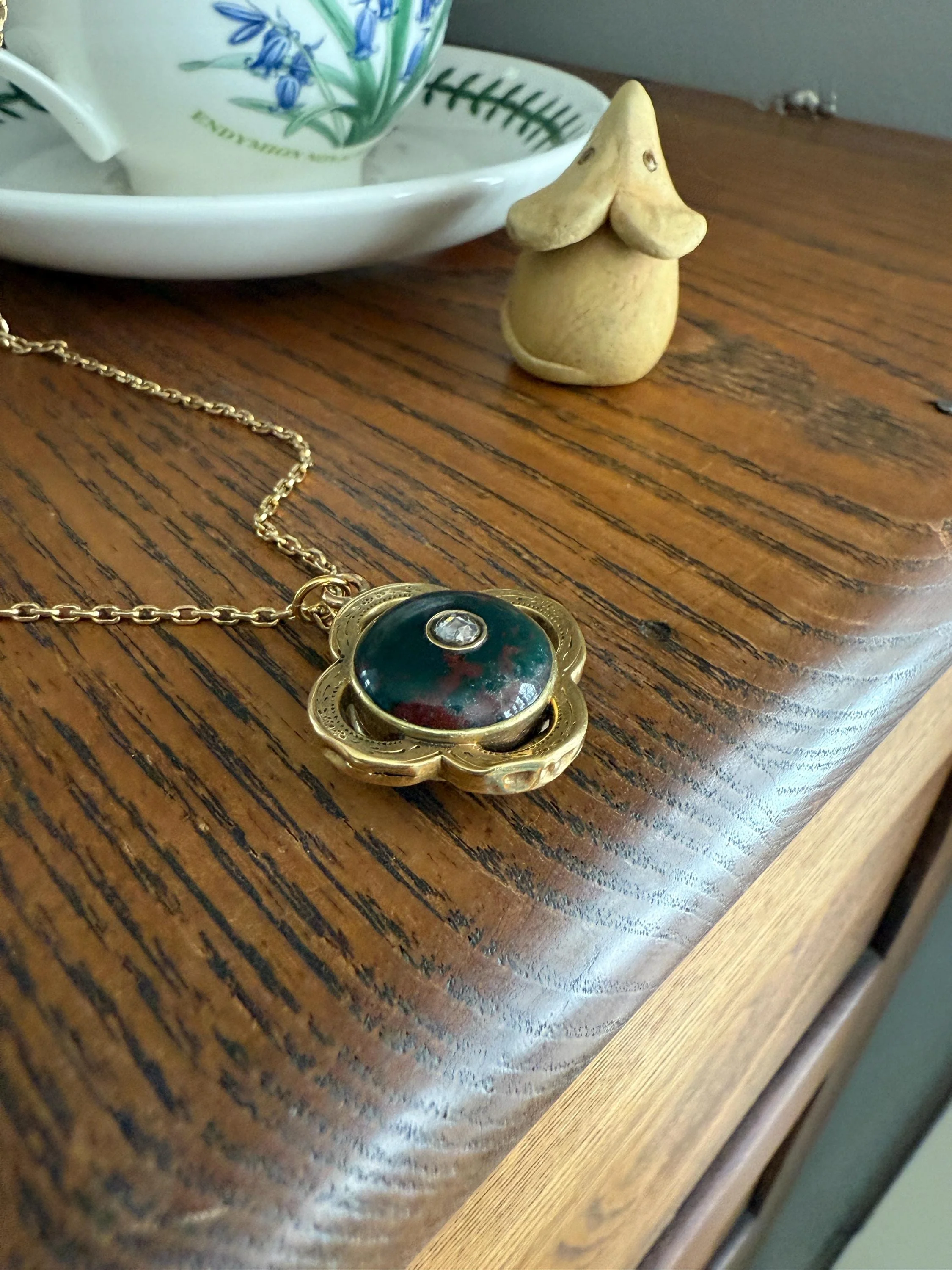 Antique BLOODSTONE Rose Cut DIAMOND Inlay Reversible Fob Locket Pendant 18k Gold on GF Chain Green Two Sided Chunky Chubby Victorian - Image 10