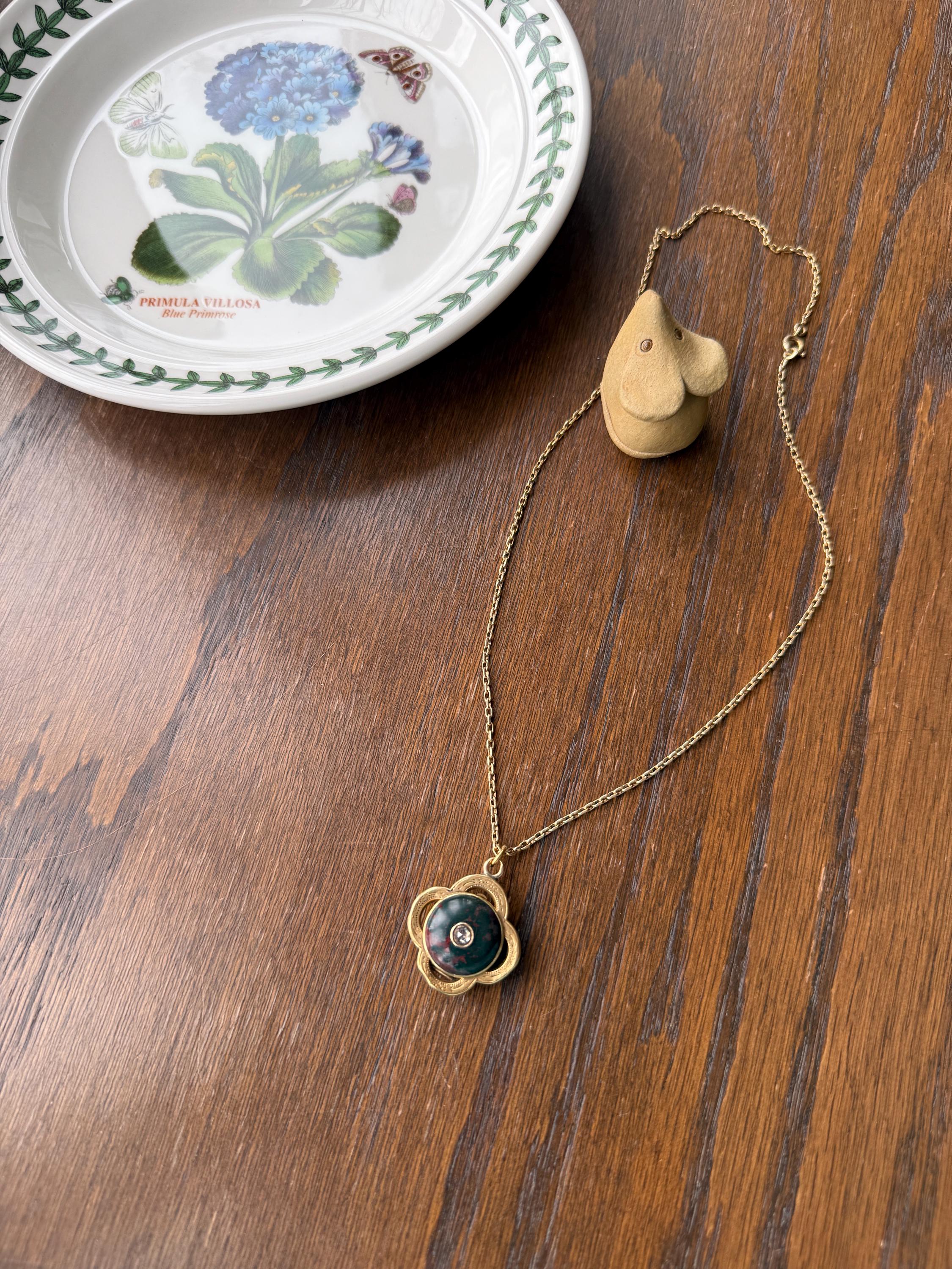 Antique BLOODSTONE Rose Cut DIAMOND Inlay Reversible Fob Locket Pendant 18k Gold on GF Chain Green Two Sided Chunky Chubby Victorian - Image 11