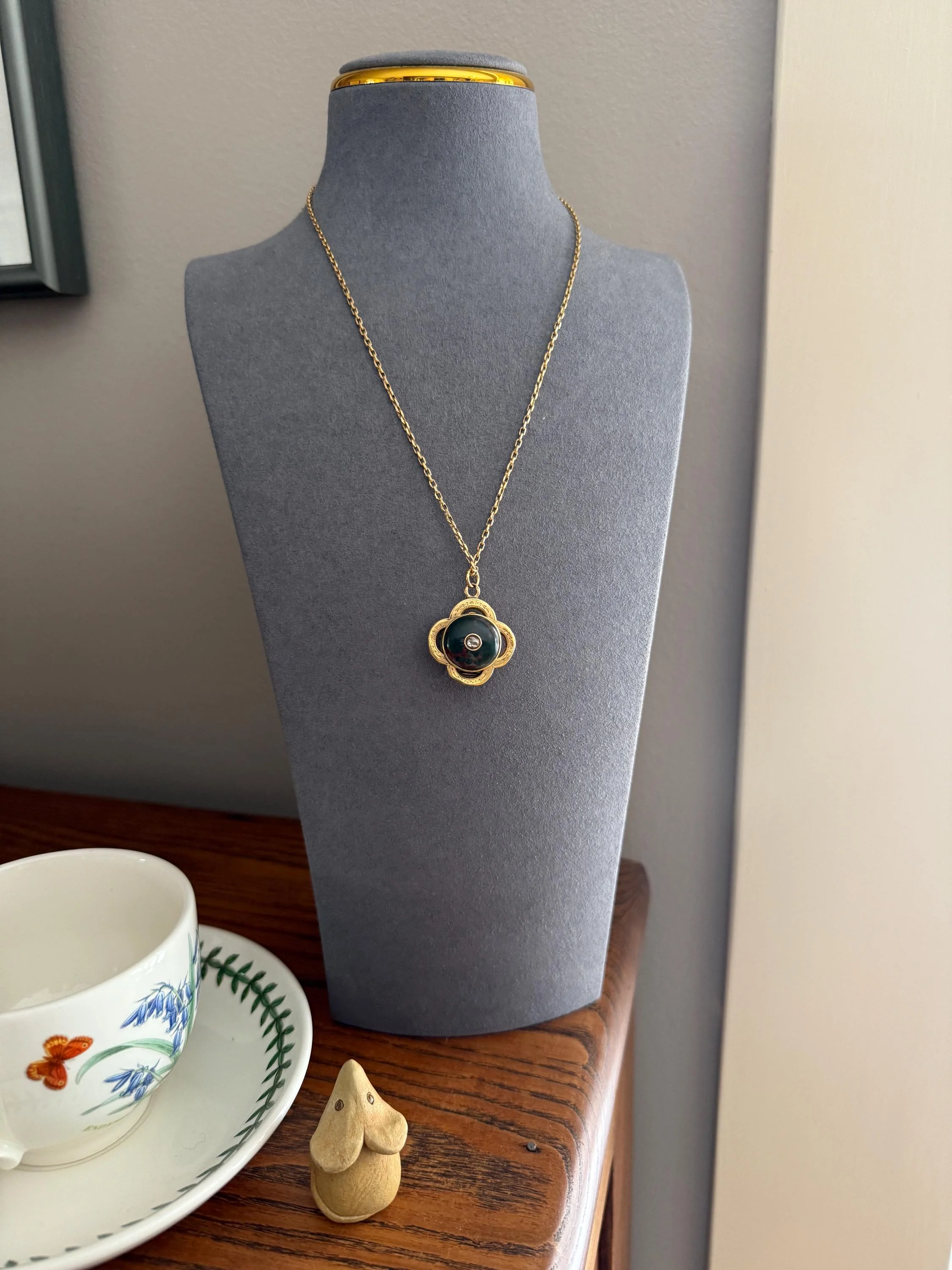 Antique BLOODSTONE Rose Cut DIAMOND Inlay Reversible Fob Locket Pendant 18k Gold on GF Chain Green Two Sided Chunky Chubby Victorian - Image 2