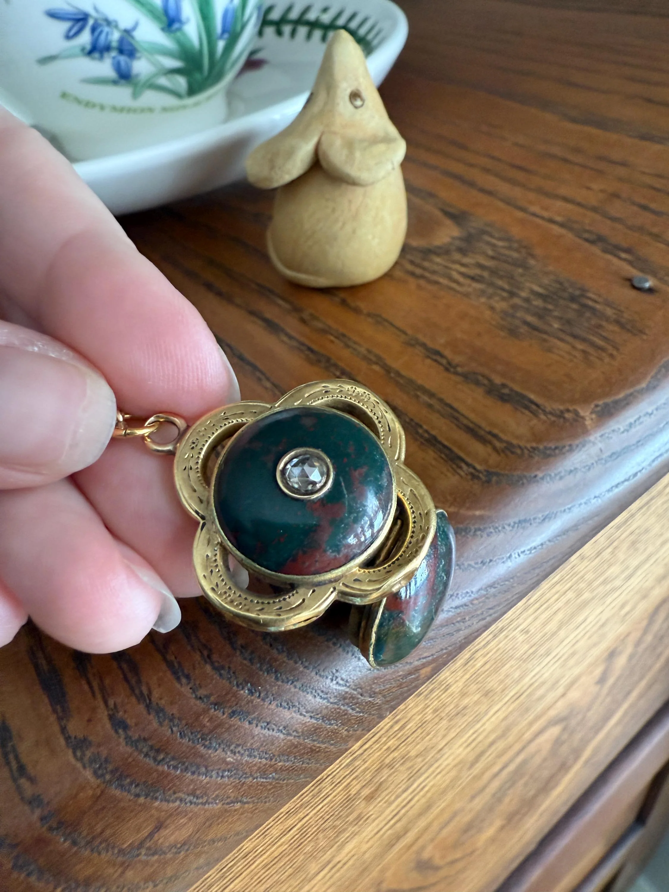 Antique BLOODSTONE Rose Cut DIAMOND Inlay Reversible Fob Locket Pendant 18k Gold on GF Chain Green Two Sided Chunky Chubby Victorian - Image 3