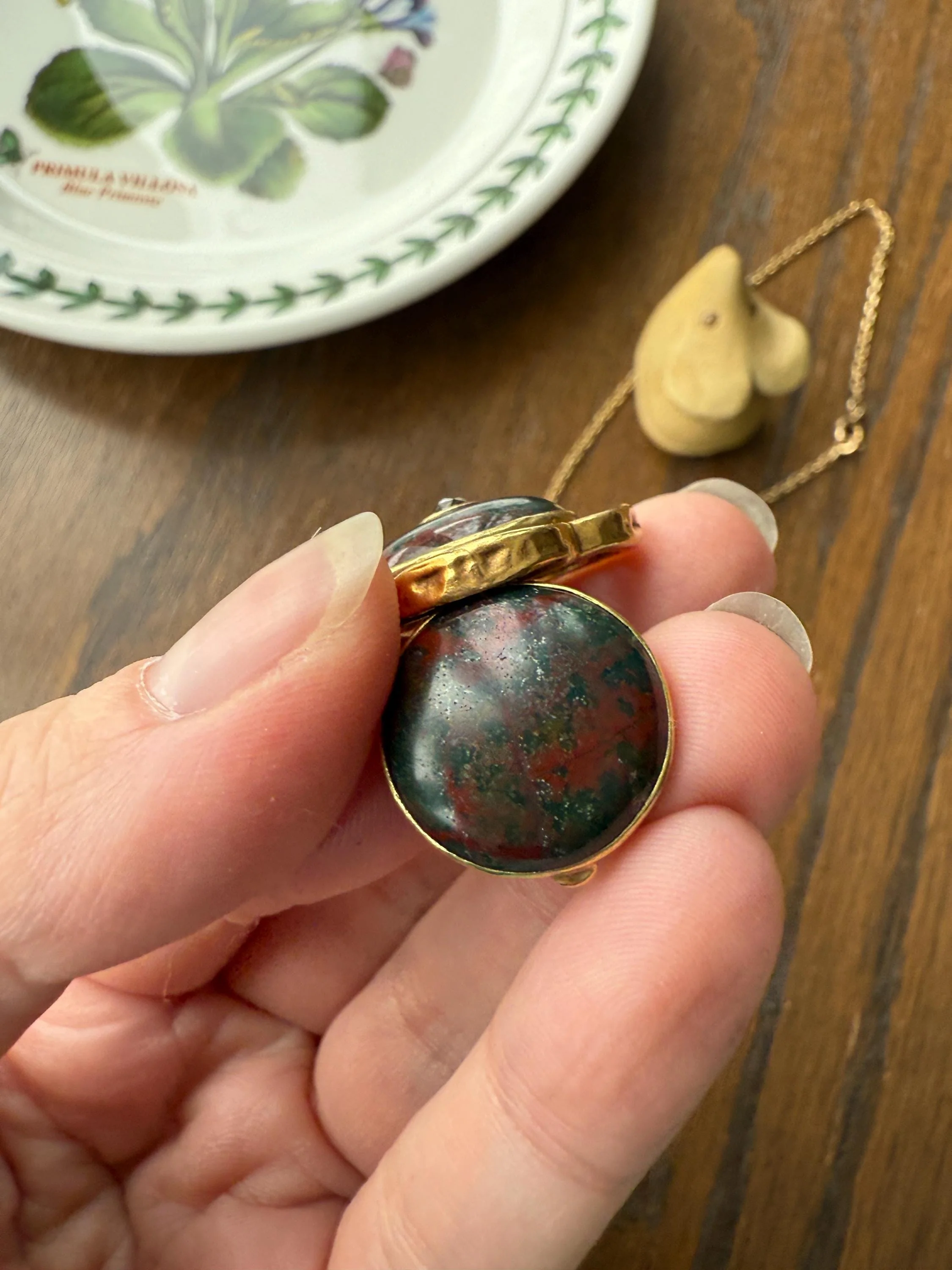 Antique BLOODSTONE Rose Cut DIAMOND Inlay Reversible Fob Locket Pendant 18k Gold on GF Chain Green Two Sided Chunky Chubby Victorian - Image 4
