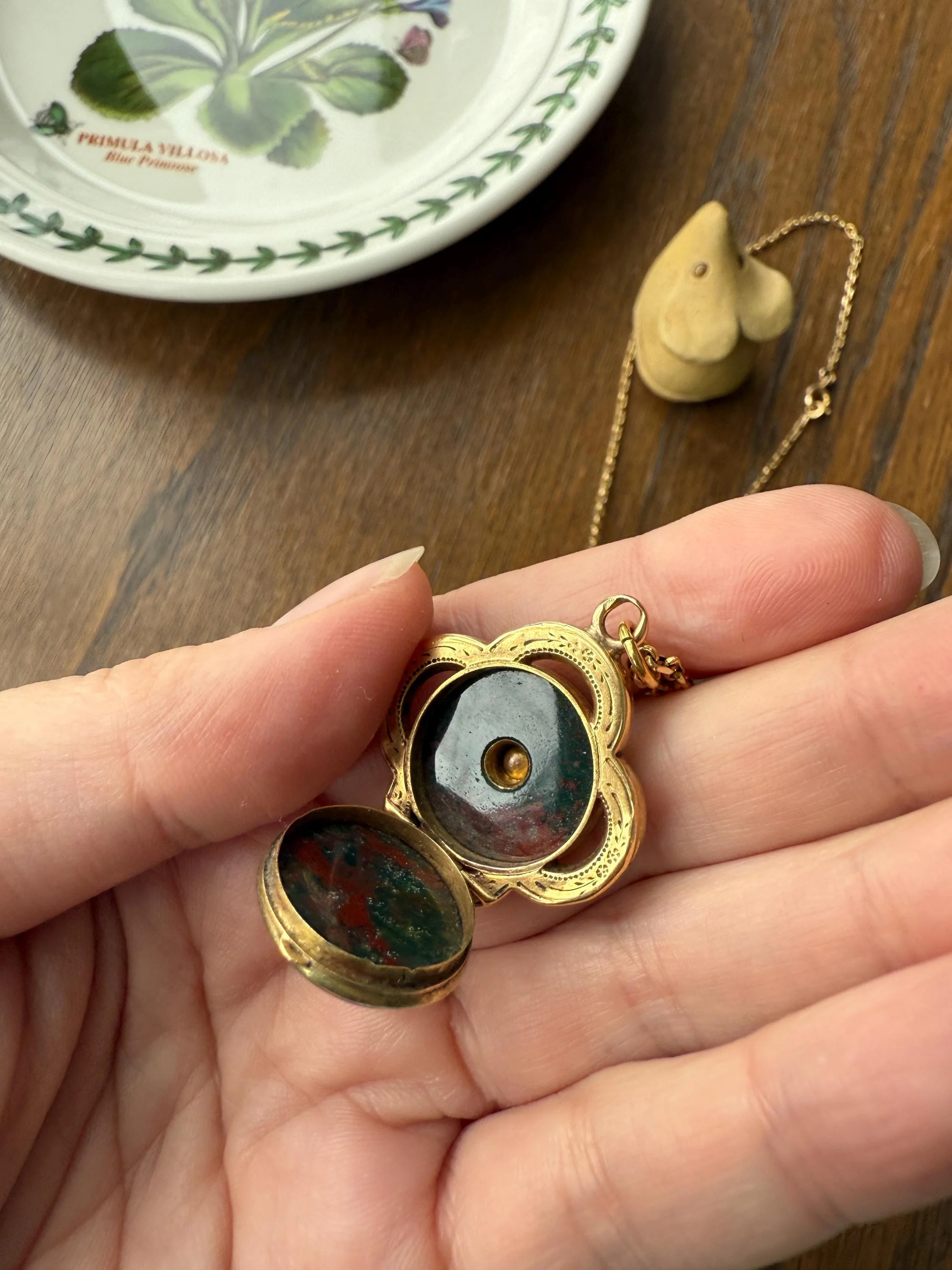 Antique BLOODSTONE Rose Cut DIAMOND Inlay Reversible Fob Locket Pendant 18k Gold on GF Chain Green Two Sided Chunky Chubby Victorian - Image 5