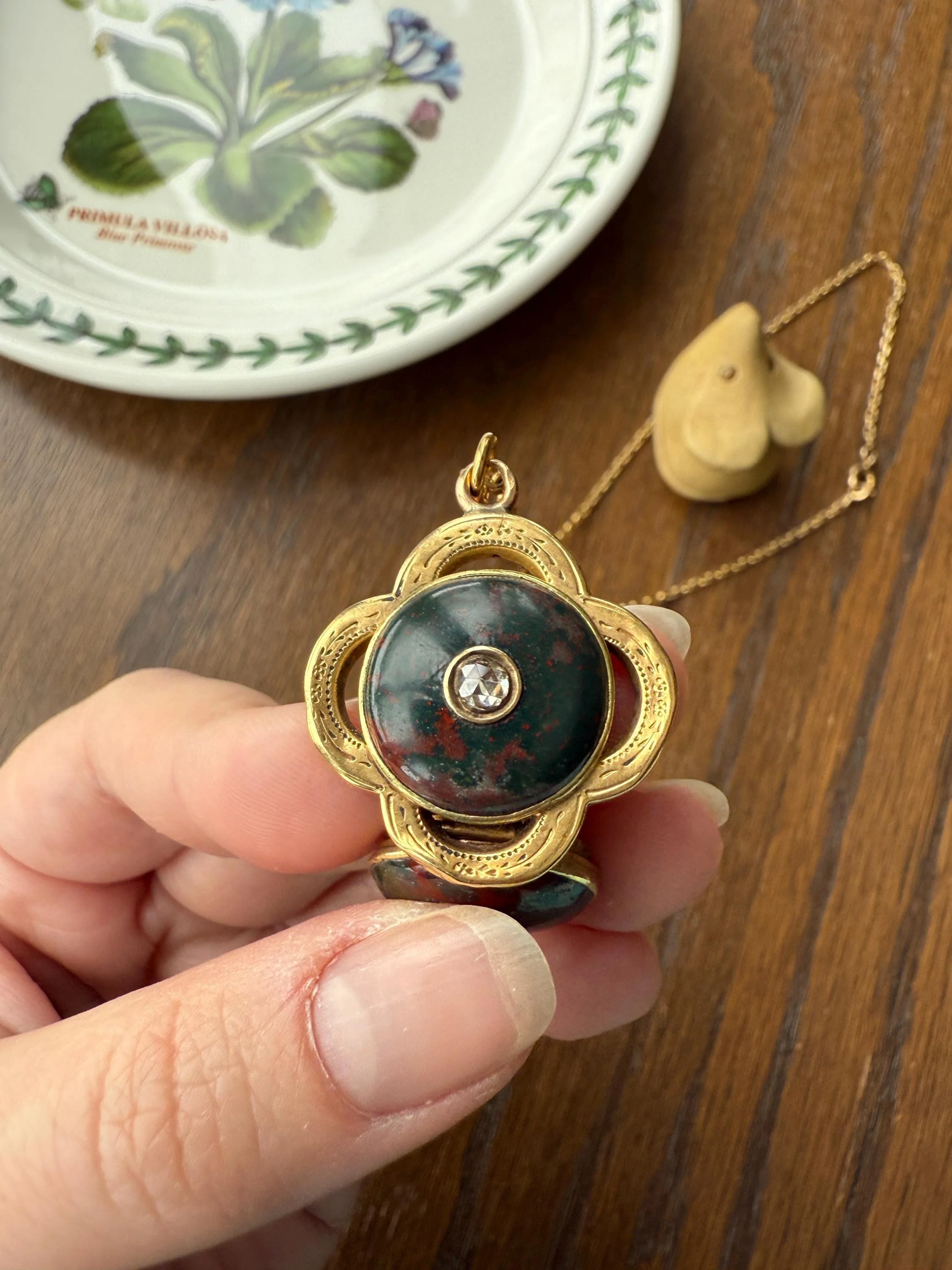 Antique BLOODSTONE Rose Cut DIAMOND Inlay Reversible Fob Locket Pendant 18k Gold on GF Chain Green Two Sided Chunky Chubby Victorian - Image 6