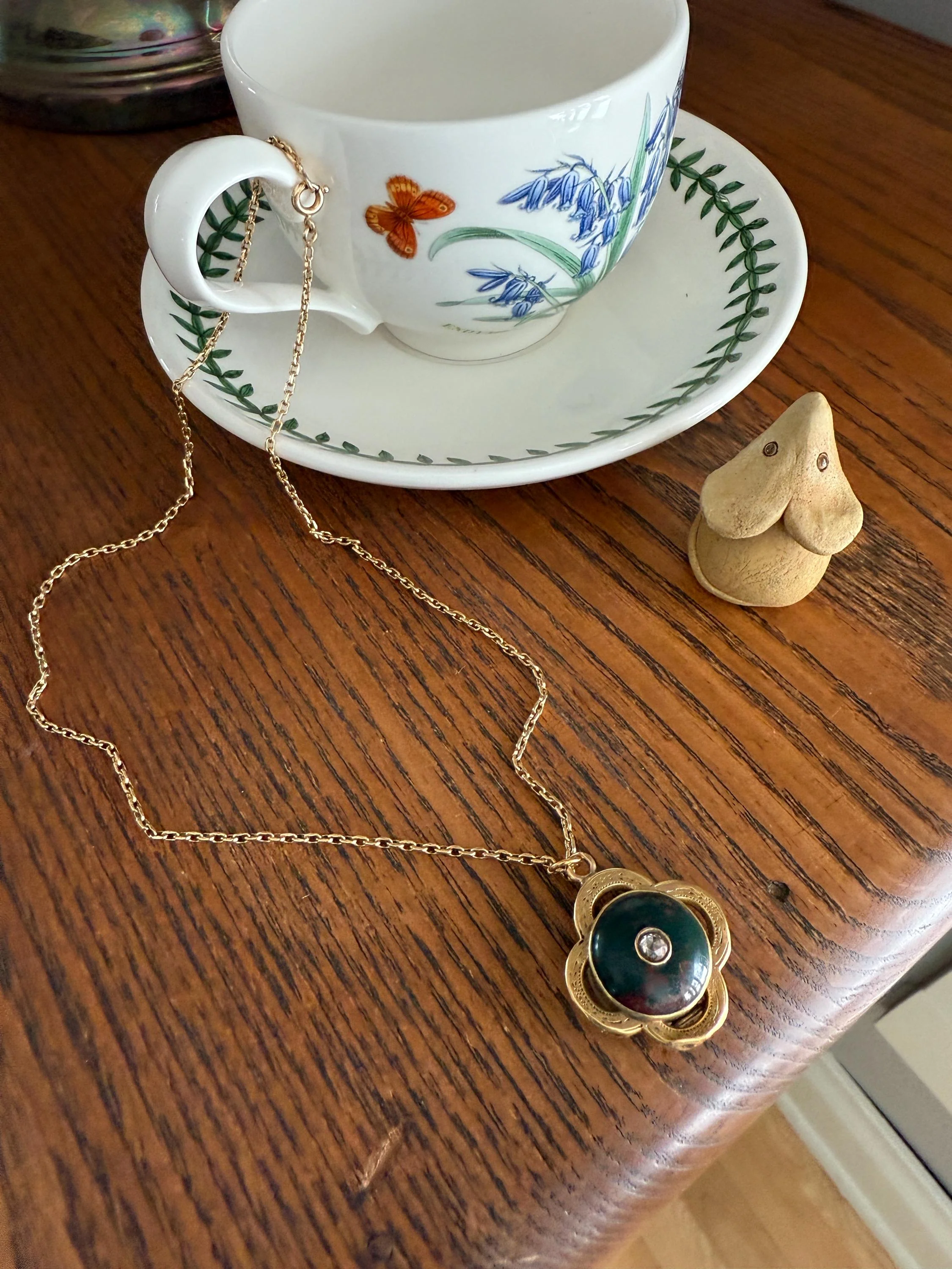 Antique BLOODSTONE Rose Cut DIAMOND Inlay Reversible Fob Locket Pendant 18k Gold on GF Chain Green Two Sided Chunky Chubby Victorian - Image 7