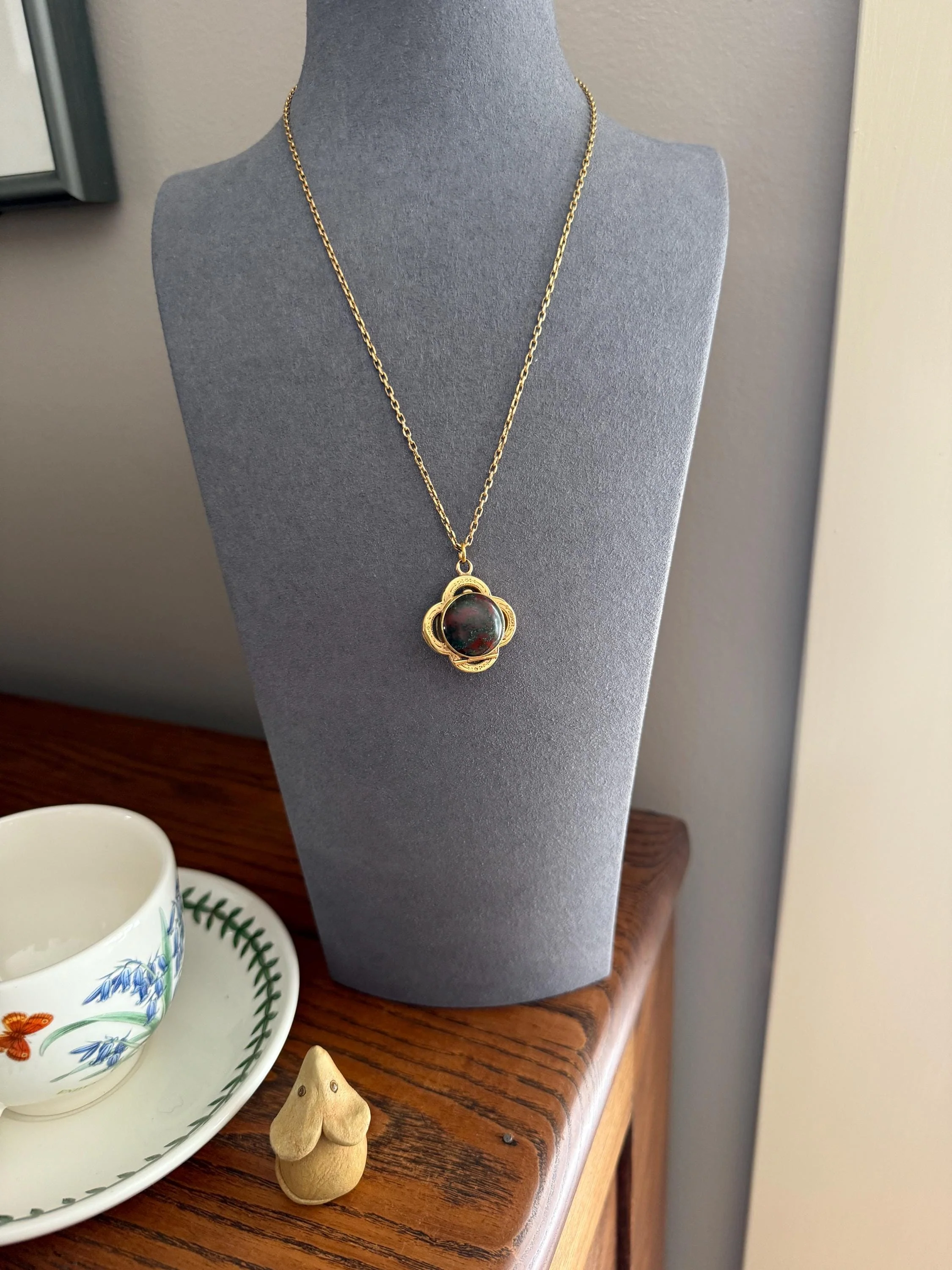 Antique BLOODSTONE Rose Cut DIAMOND Inlay Reversible Fob Locket Pendant 18k Gold on GF Chain Green Two Sided Chunky Chubby Victorian - Image 8