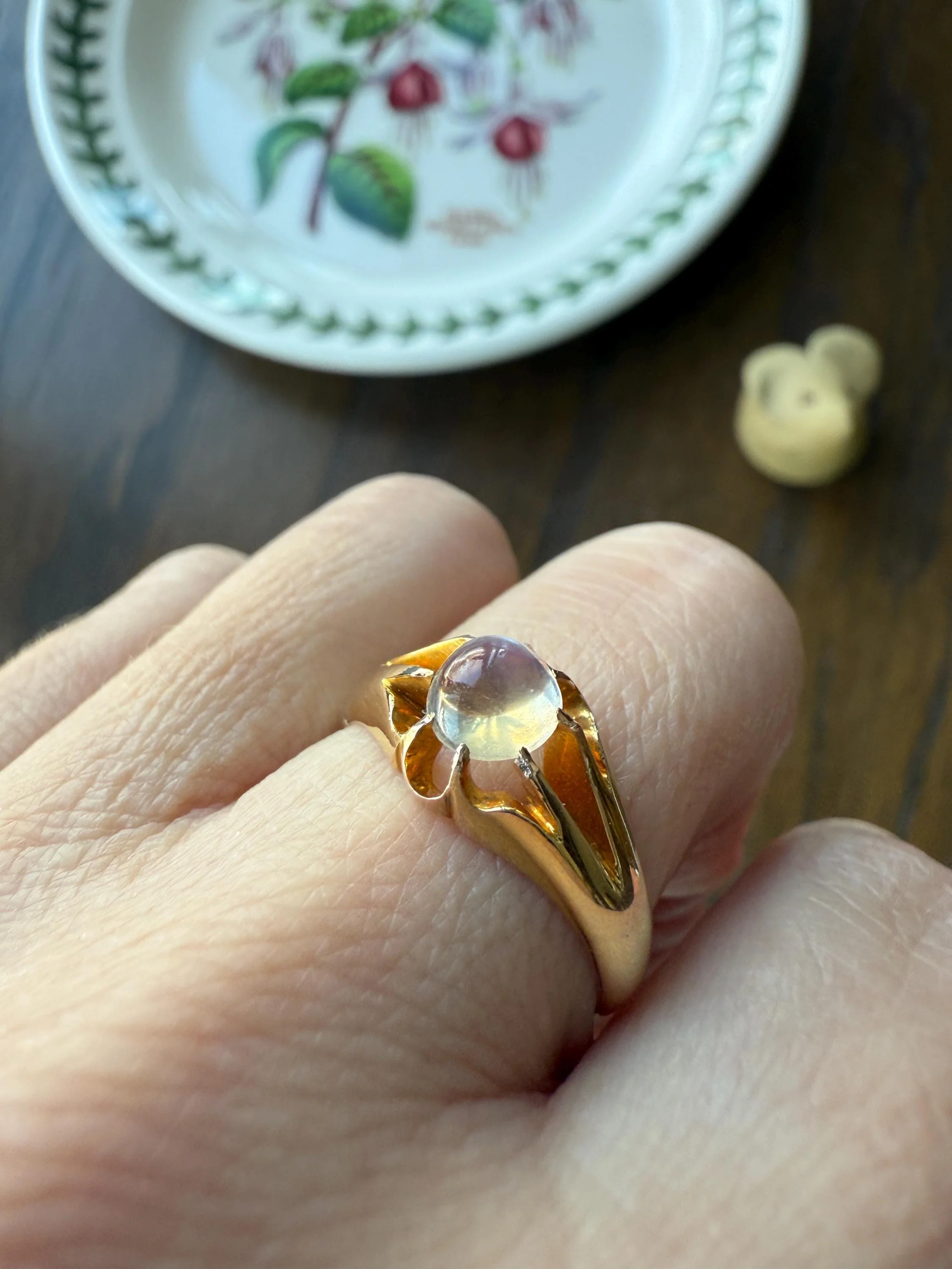 Antique Blue MOONSTONE c1900 Glowing Orb Belcher Buttercup Ring 9k Gold Buttery Band Stacker Victorian Unisex - Image 11