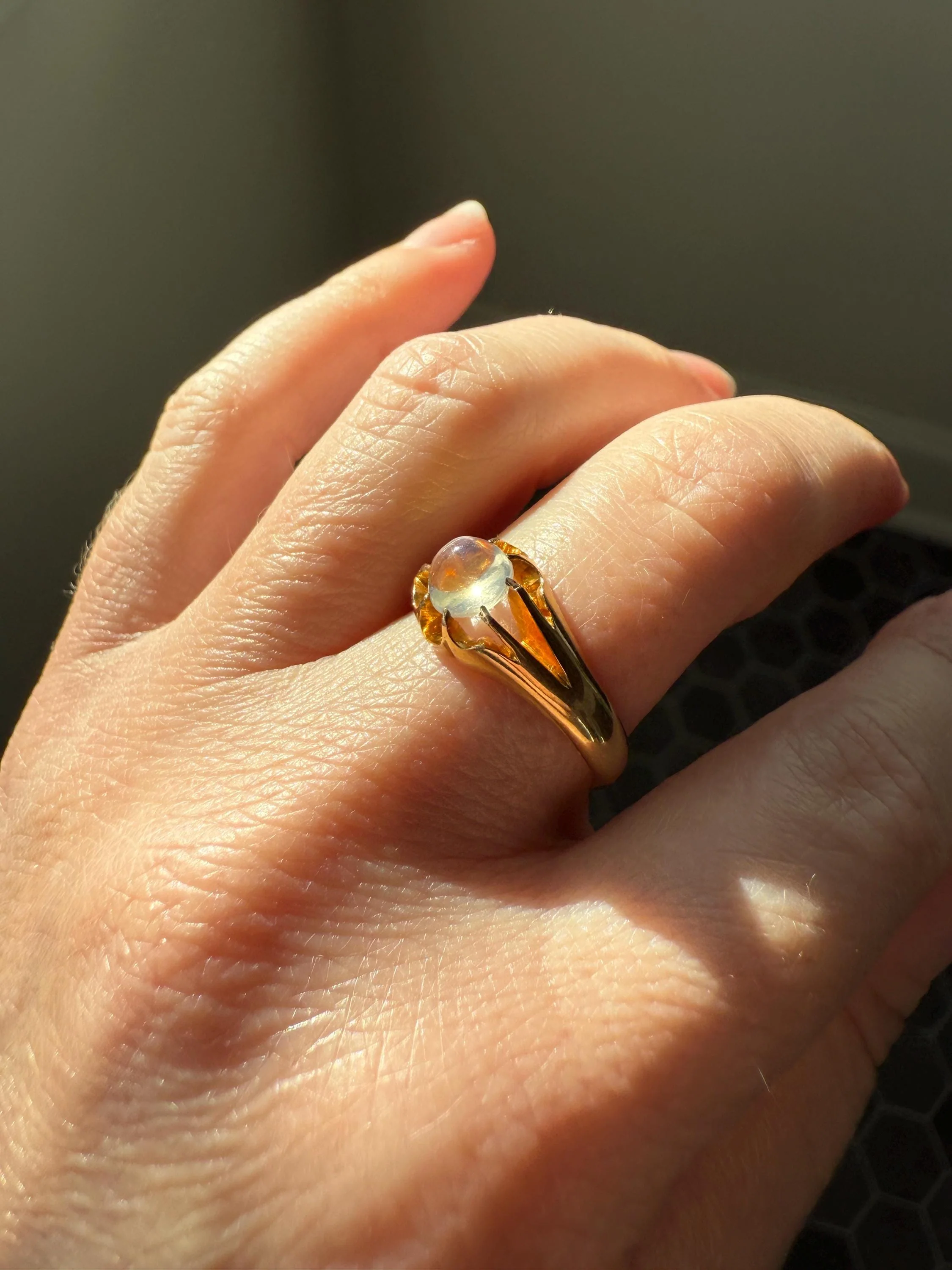 Antique Blue MOONSTONE c1900 Glowing Orb Belcher Buttercup Ring 9k Gold Buttery Band Stacker Victorian Unisex - Image 13
