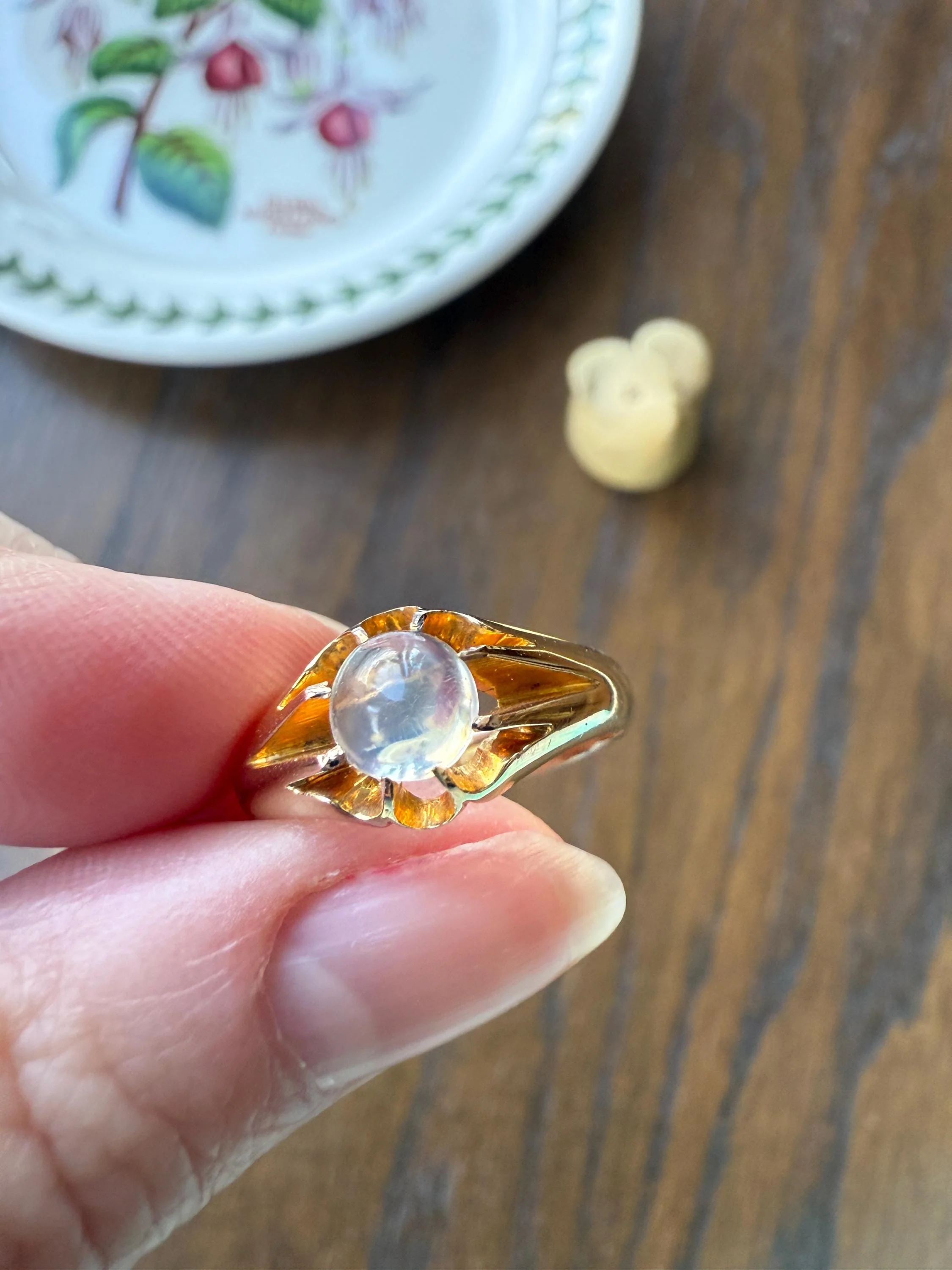 Antique Blue MOONSTONE c1900 Glowing Orb Belcher Buttercup Ring 9k Gold Buttery Band Stacker Victorian Unisex - Image 14