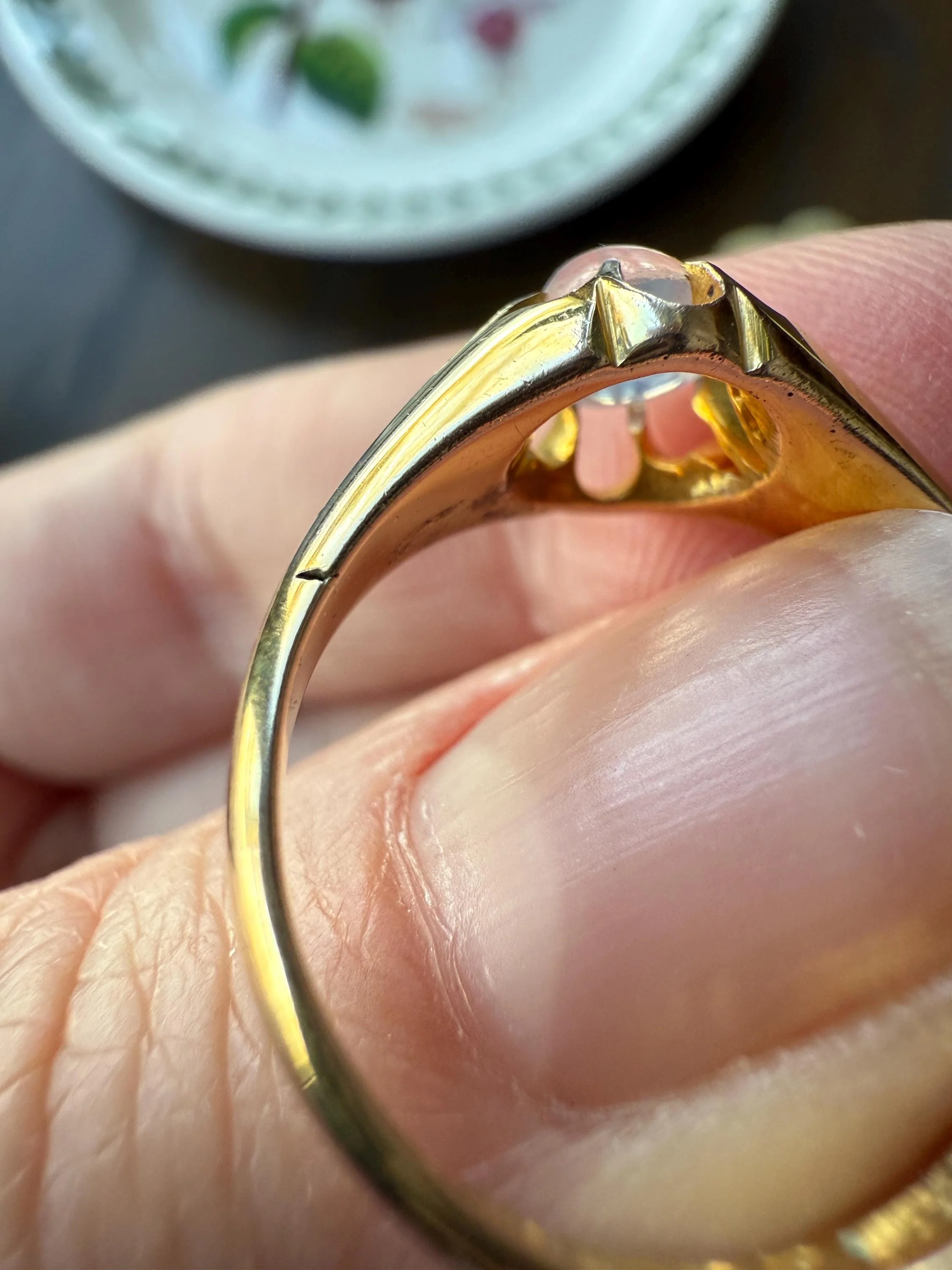 Antique Blue MOONSTONE c1900 Glowing Orb Belcher Buttercup Ring 9k Gold Buttery Band Stacker Victorian Unisex - Image 17