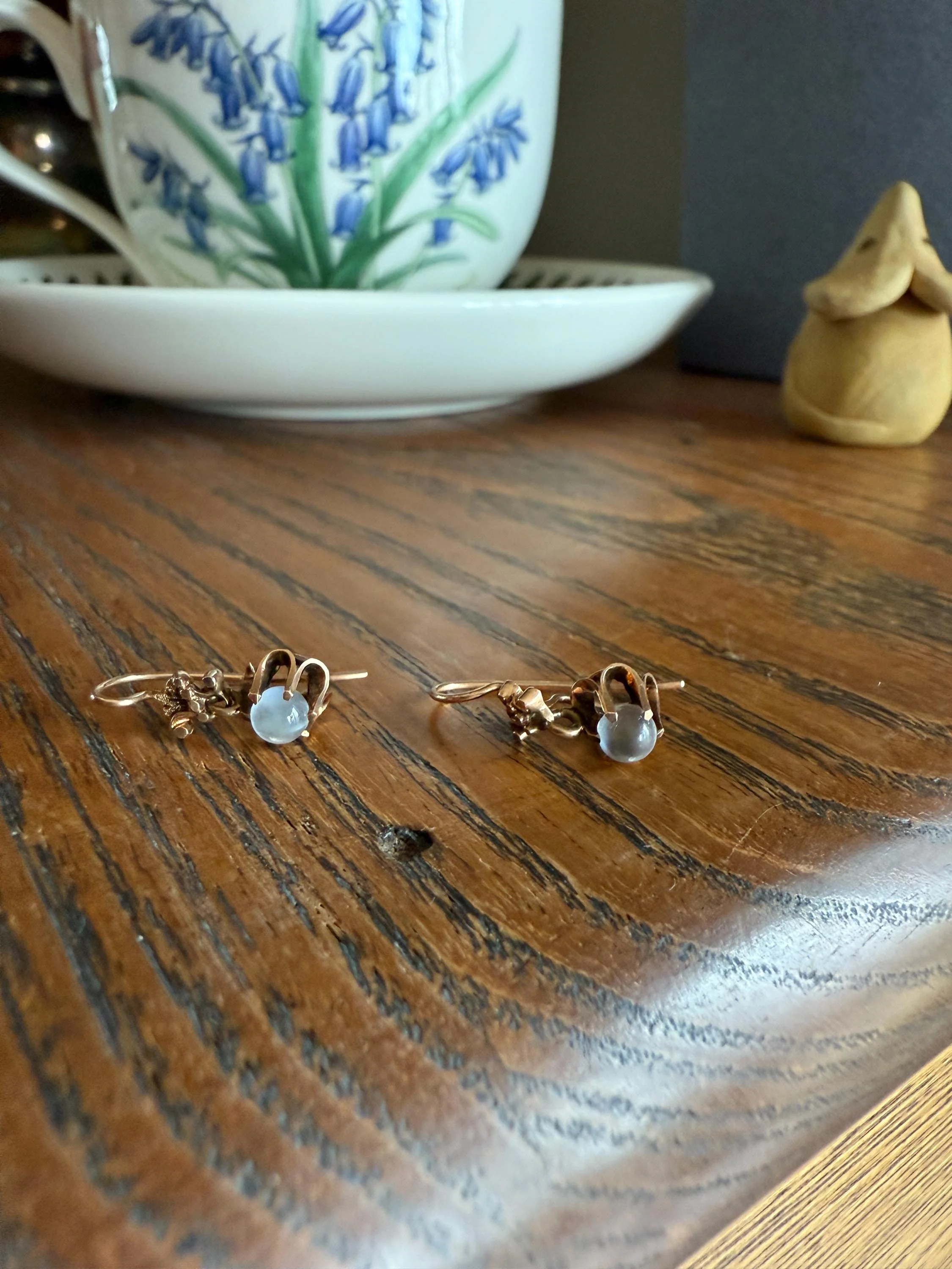 Antique Blue Moonstone ORB Victorian Dangle Earrings Buttercup Prongs 14k Rosy Gold Glowing Drops - Image 2