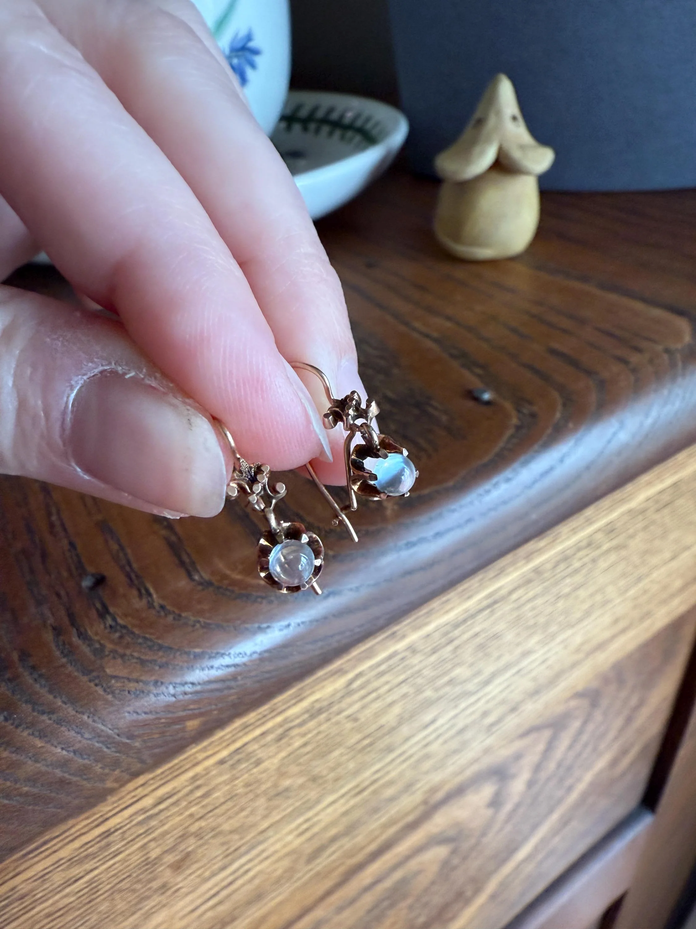 Antique Blue Moonstone ORB Victorian Dangle Earrings Buttercup Prongs 14k Rosy Gold Glowing Drops - Image 3