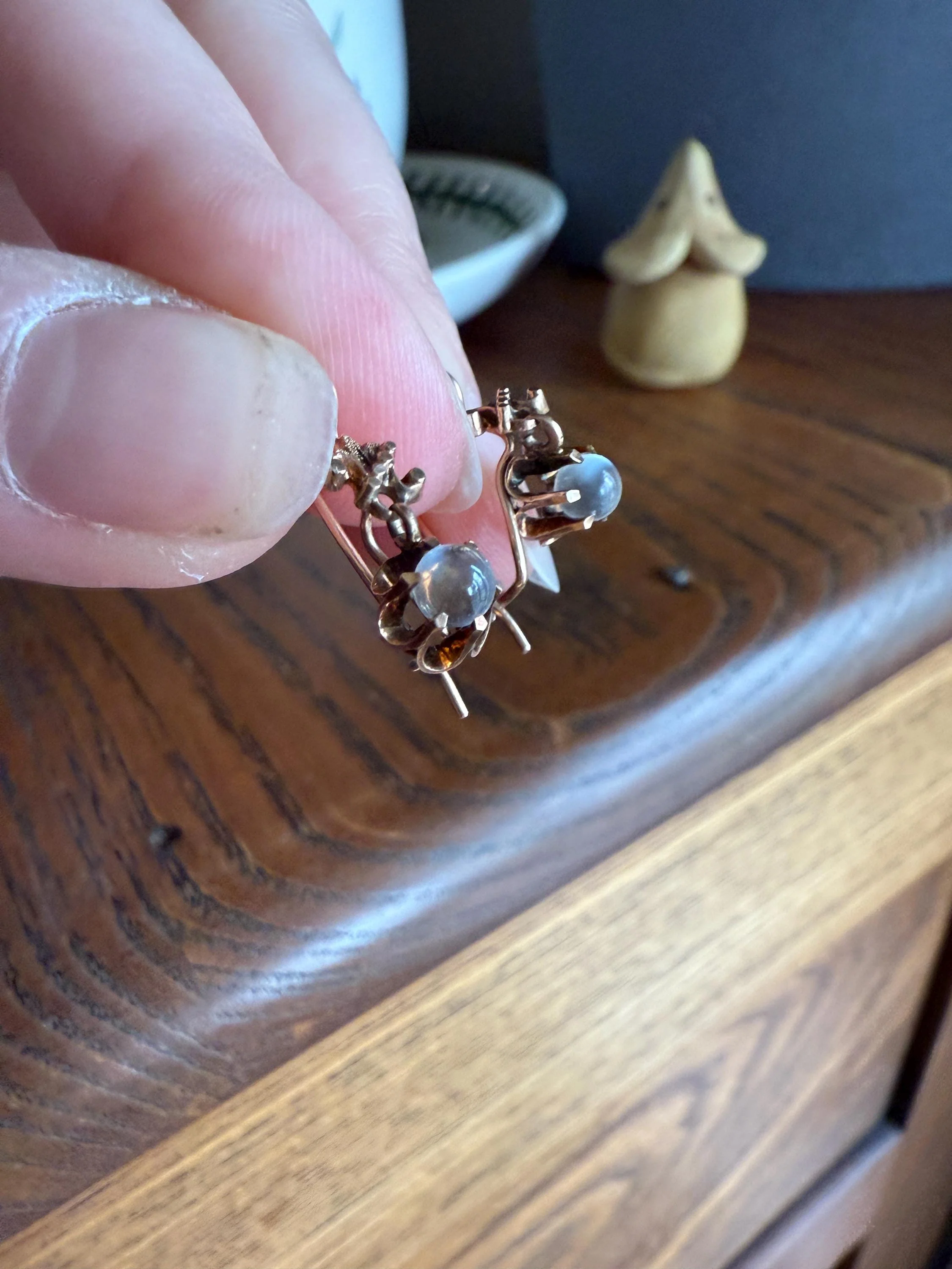 Antique Blue Moonstone ORB Victorian Dangle Earrings Buttercup Prongs 14k Rosy Gold Glowing Drops - Image 6