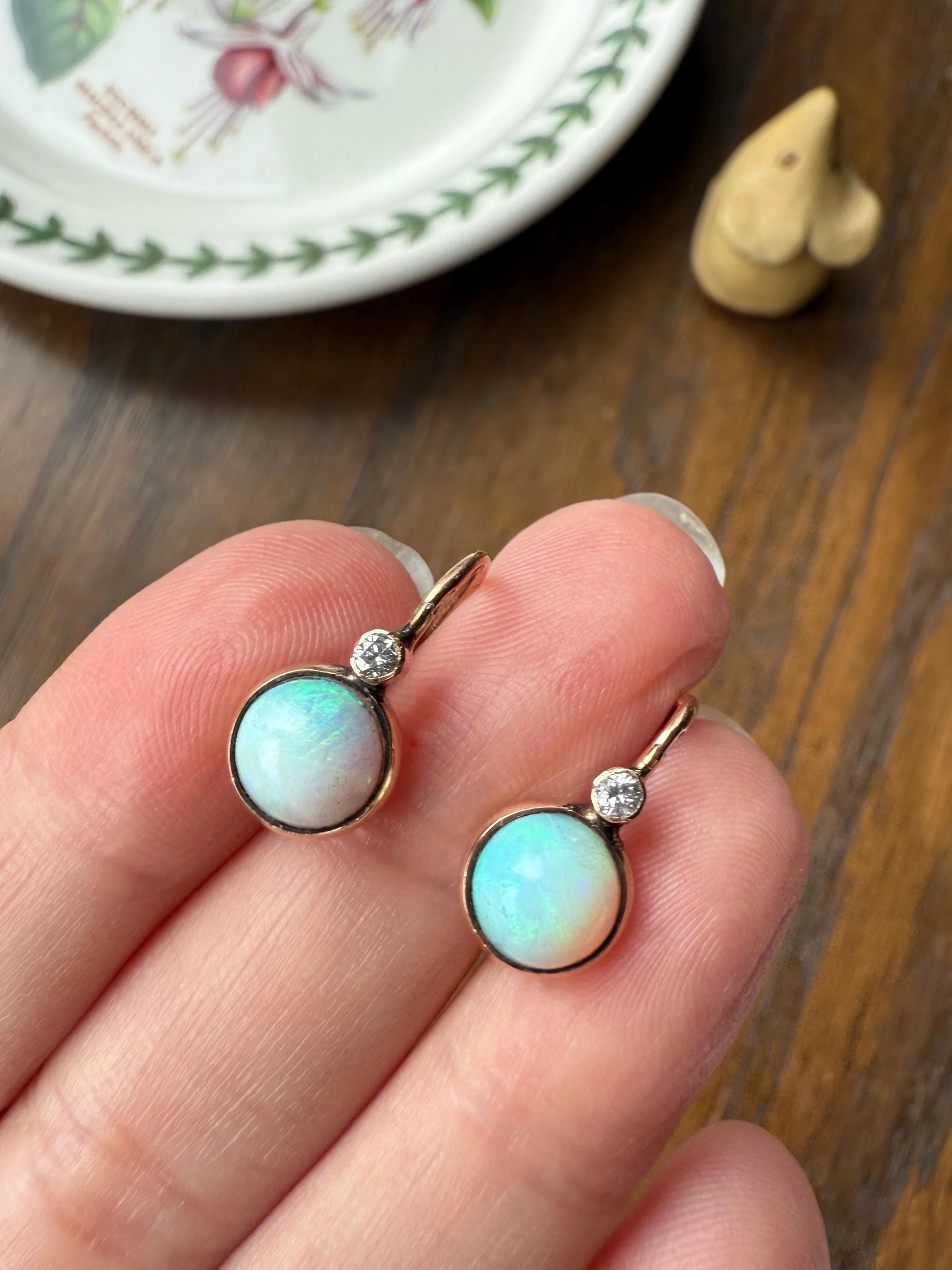 Antique Blue OPAL 14k Rosy Gold Bezel Set Earrings with Diamond Accents Lever Back Dormeuse Dangle