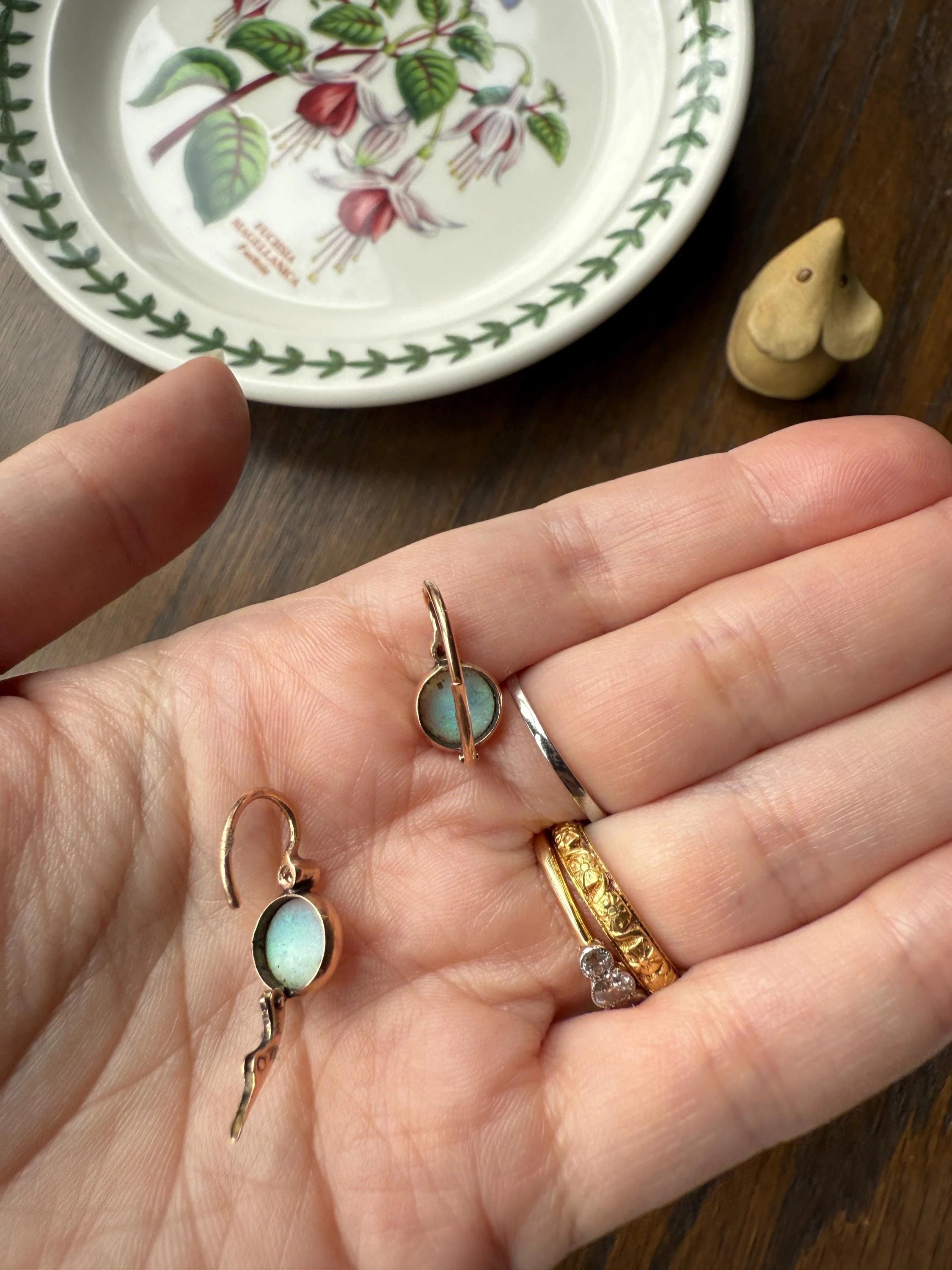 Antique Blue OPAL 14k Rosy Gold Bezel Set Earrings with Diamond Accents Lever Back Dormeuse Dangle - Image 14