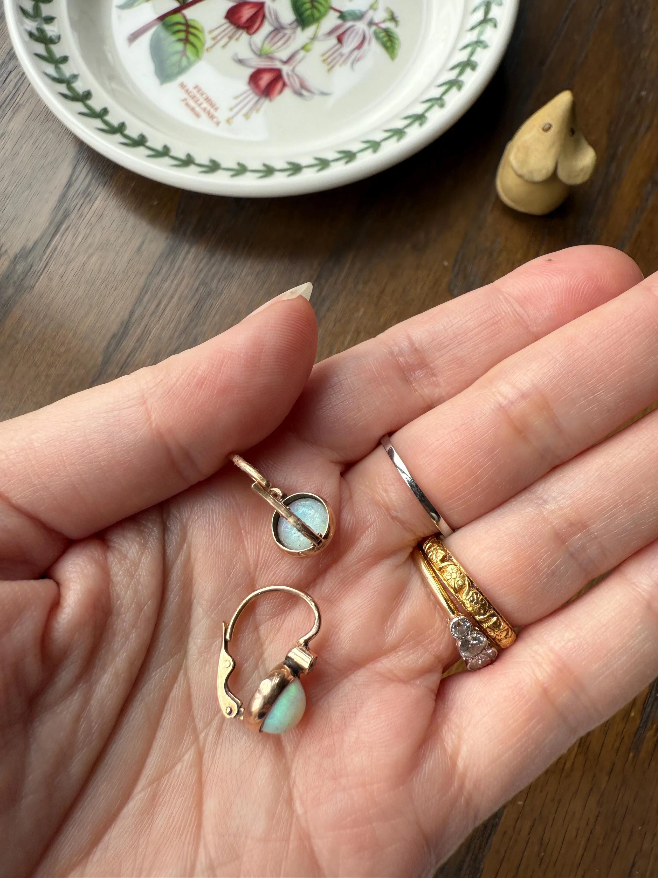 Antique Blue OPAL 14k Rosy Gold Bezel Set Earrings with Diamond Accents Lever Back Dormeuse Dangle - Image 15