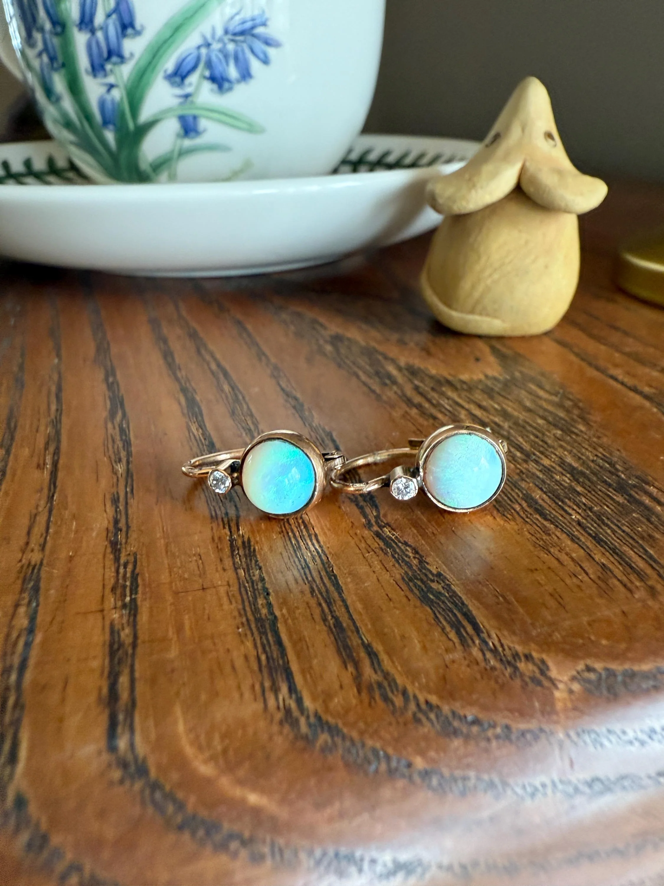 Antique Blue OPAL 14k Rosy Gold Bezel Set Earrings with Diamond Accents Lever Back Dormeuse Dangle - Image 2