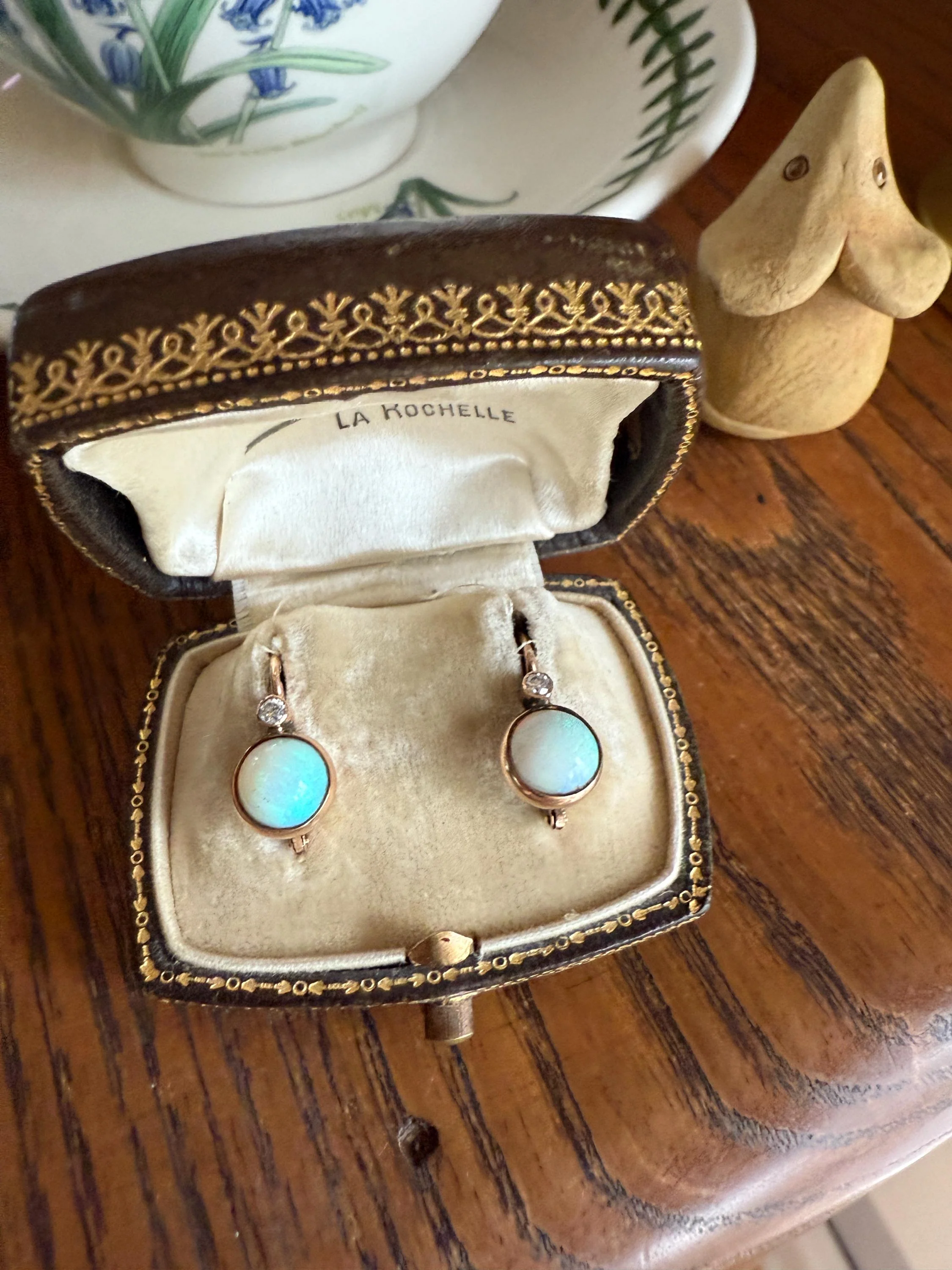 Antique Blue OPAL 14k Rosy Gold Bezel Set Earrings with Diamond Accents Lever Back Dormeuse Dangle - Image 5