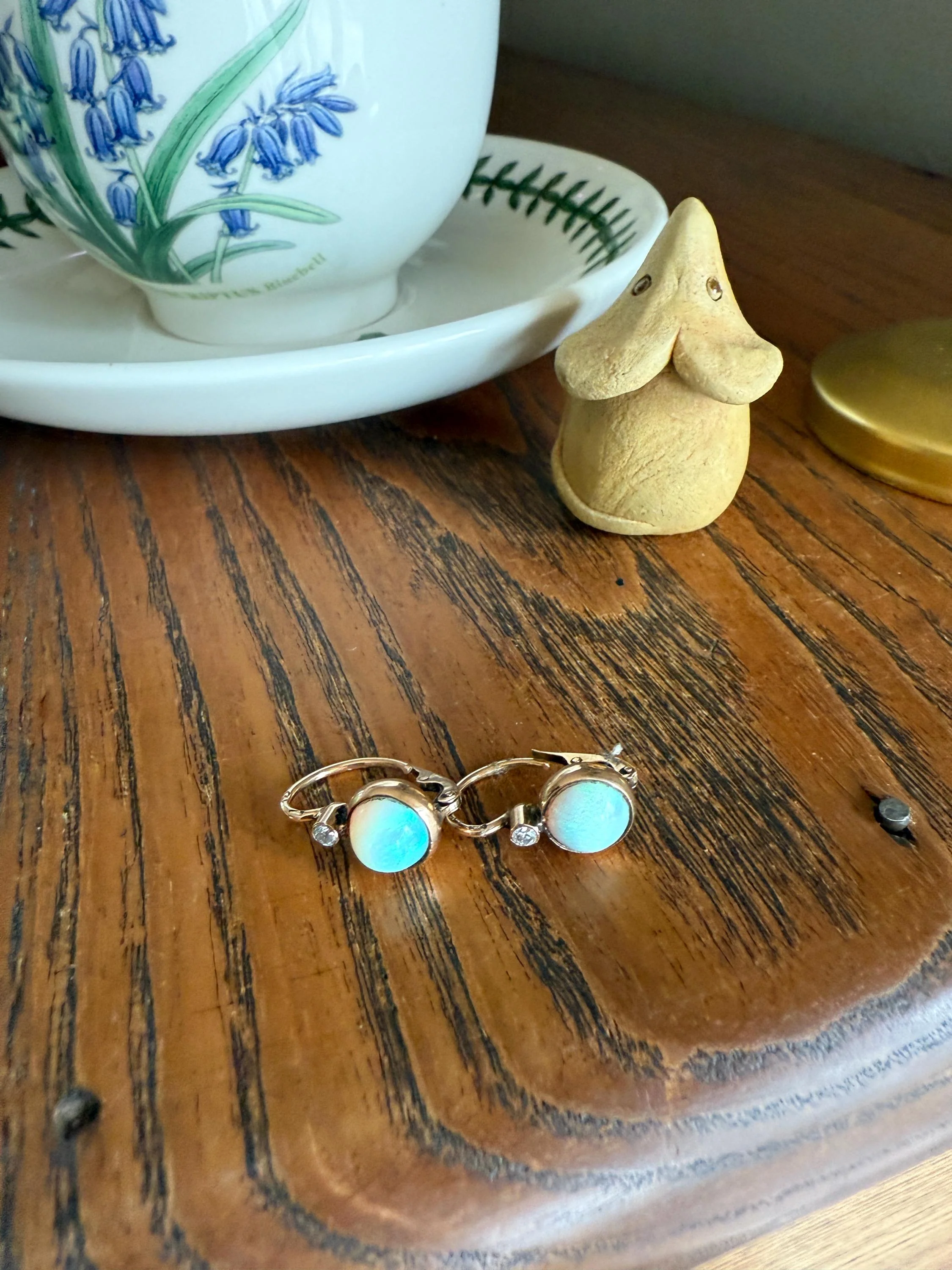 Antique Blue OPAL 14k Rosy Gold Bezel Set Earrings with Diamond Accents Lever Back Dormeuse Dangle - Image 6