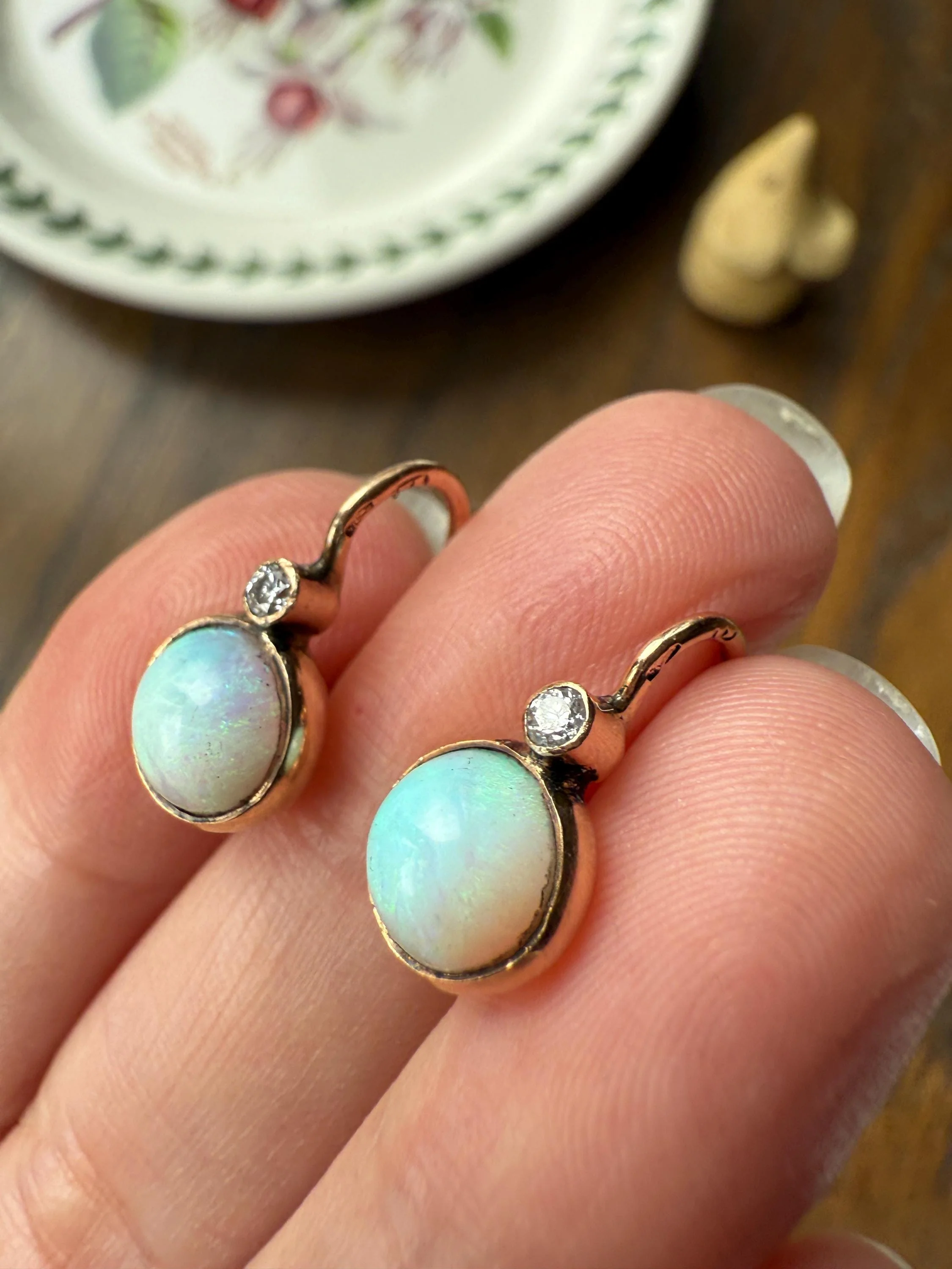 Antique Blue OPAL 14k Rosy Gold Bezel Set Earrings with Diamond Accents Lever Back Dormeuse Dangle - Image 7