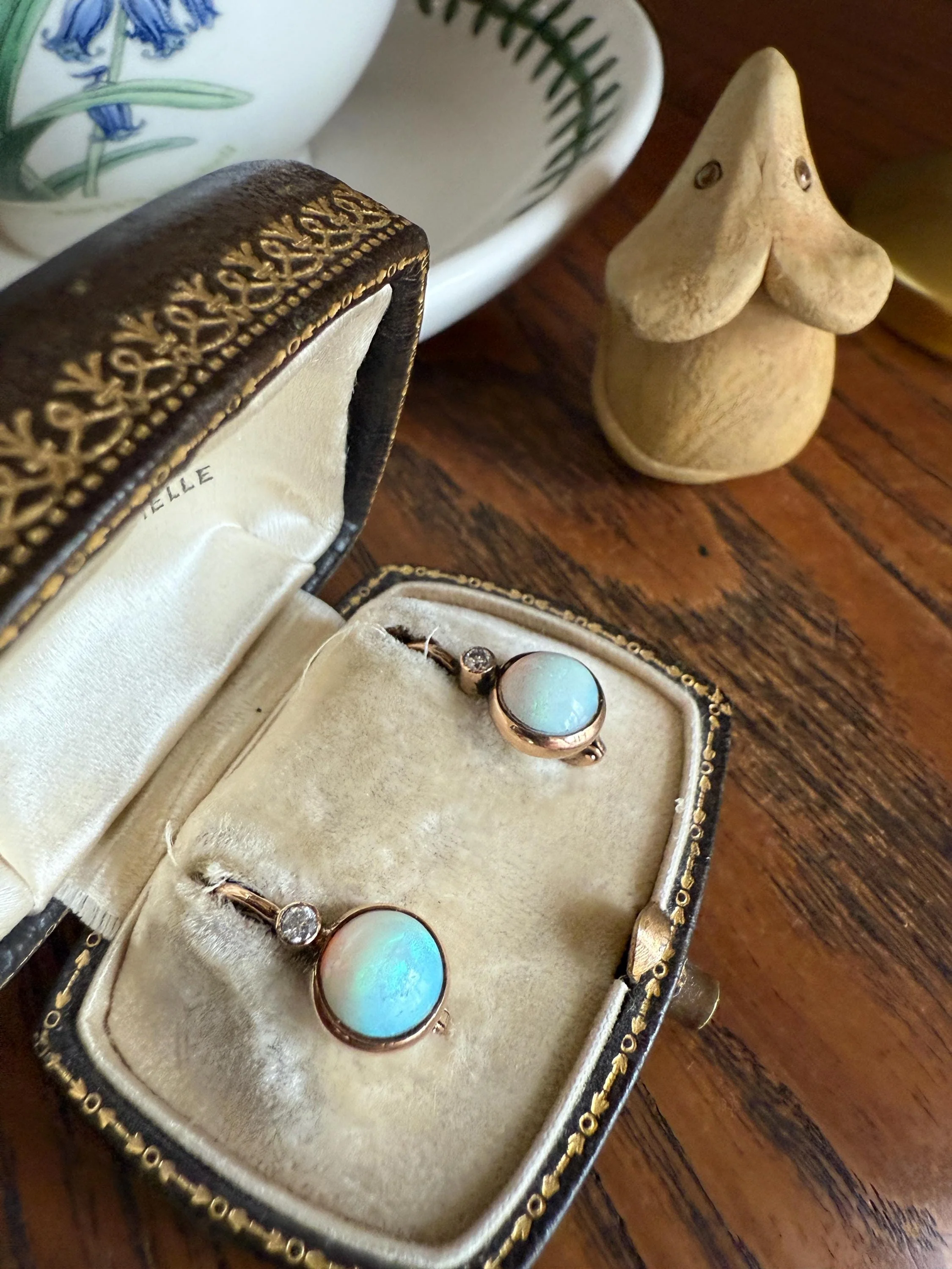Antique Blue OPAL 14k Rosy Gold Bezel Set Earrings with Diamond Accents Lever Back Dormeuse Dangle - Image 8
