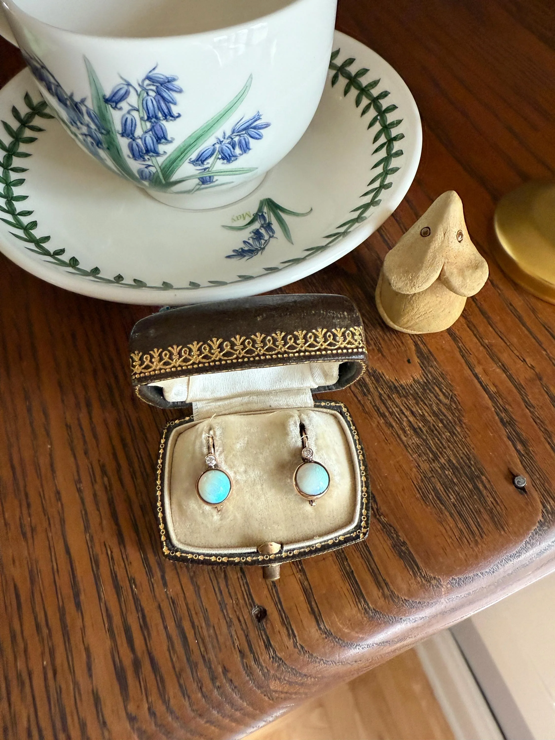 Antique Blue OPAL 14k Rosy Gold Bezel Set Earrings with Diamond Accents Lever Back Dormeuse Dangle - Image 9