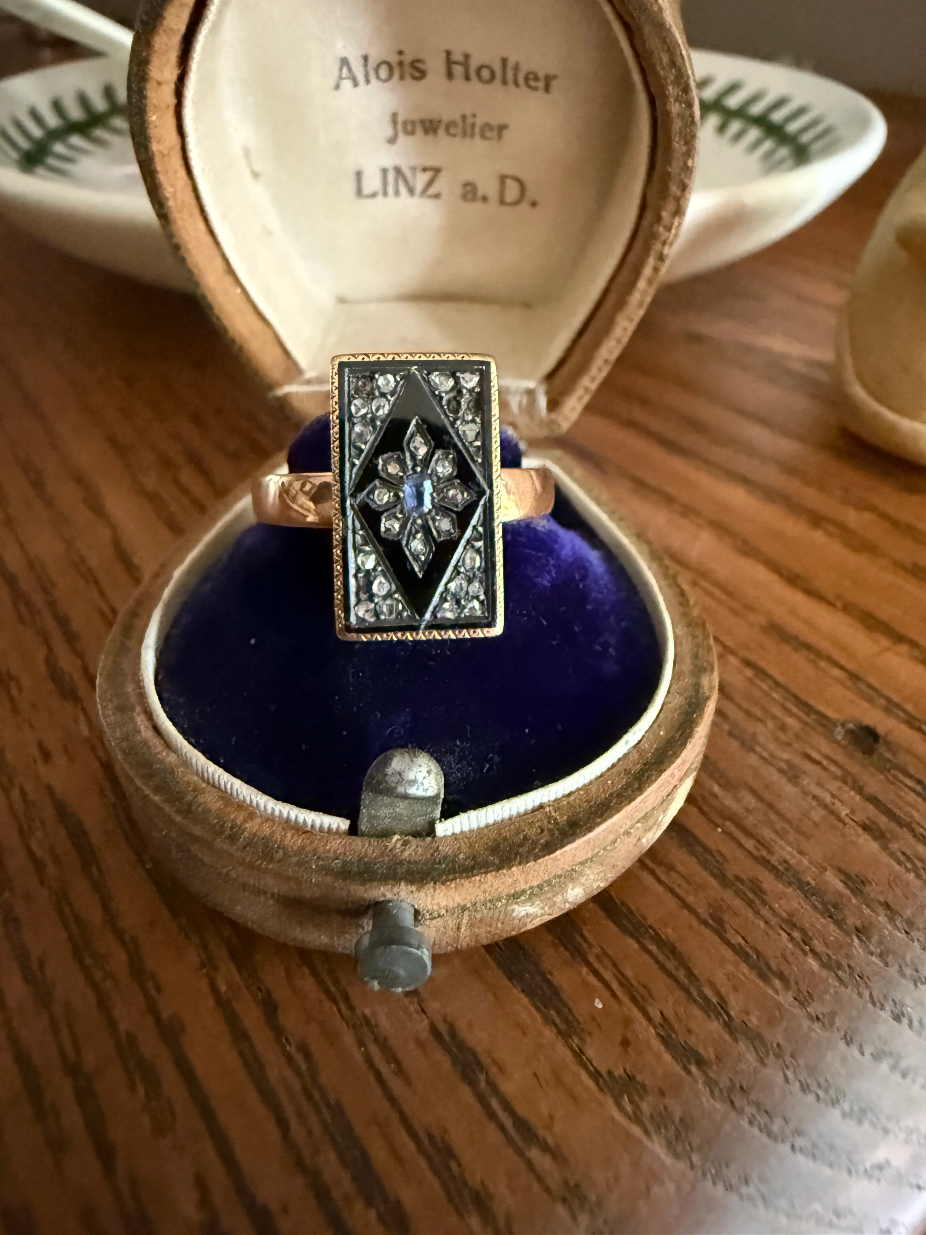 Antique Blue SAPPHIRE Rose Cut DIAMOND Black Enamel 14k Rosy Gold Plaque Ring Floral Geometric Rectangular Panel - Image 11