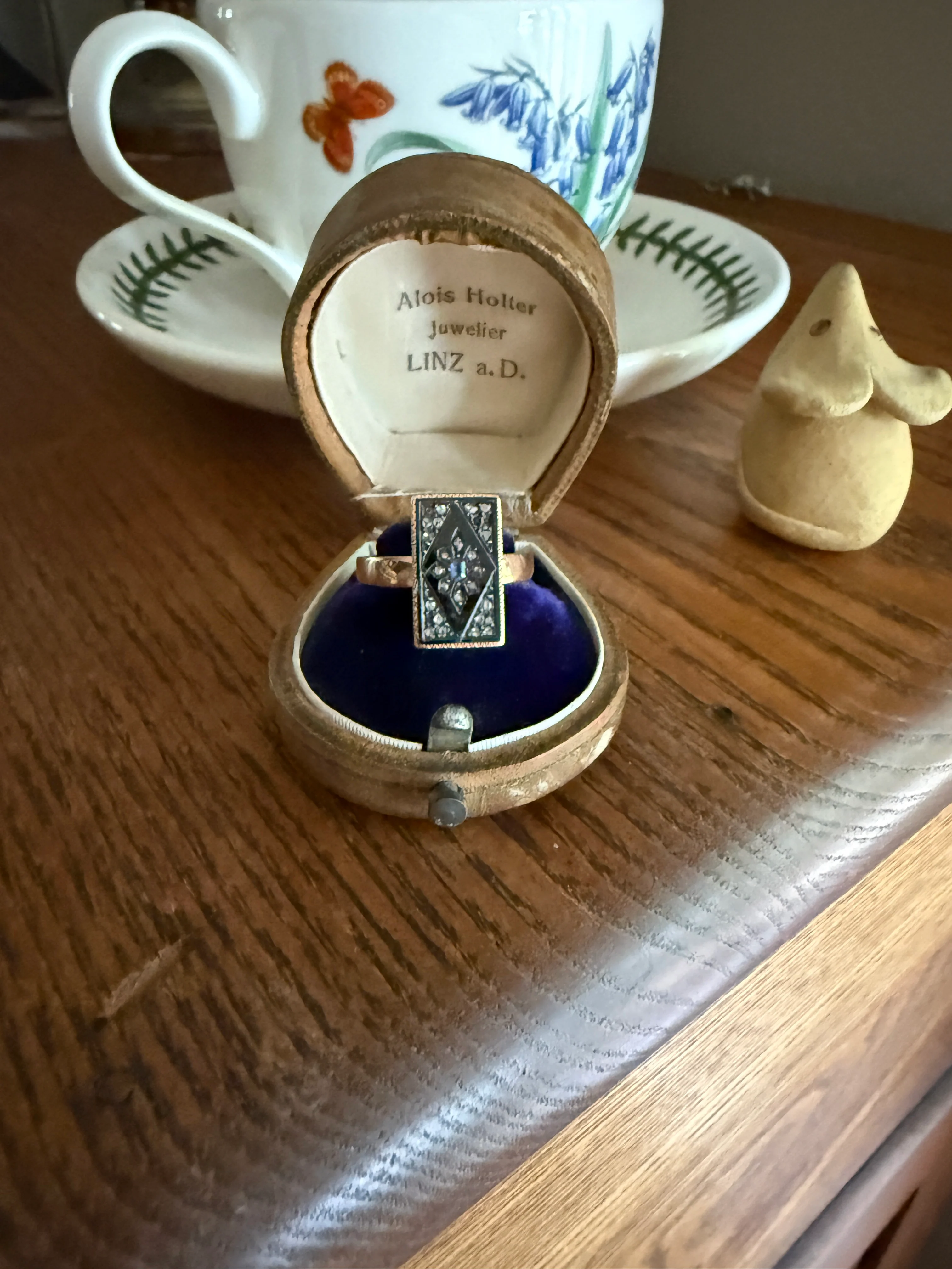 Antique Blue SAPPHIRE Rose Cut DIAMOND Black Enamel 14k Rosy Gold Plaque Ring Floral Geometric Rectangular Panel - Image 12