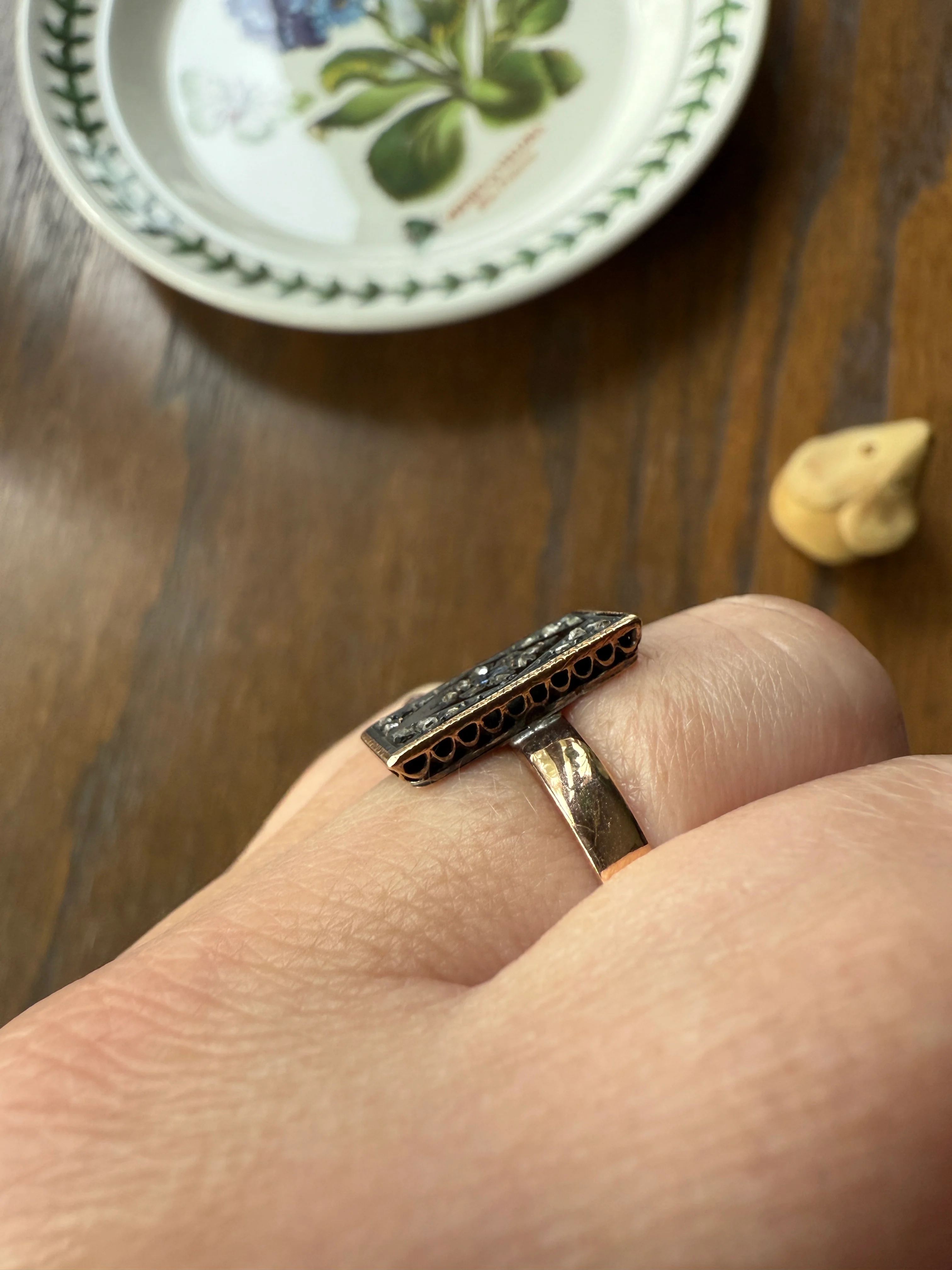 Antique Blue SAPPHIRE Rose Cut DIAMOND Black Enamel 14k Rosy Gold Plaque Ring Floral Geometric Rectangular Panel - Image 13