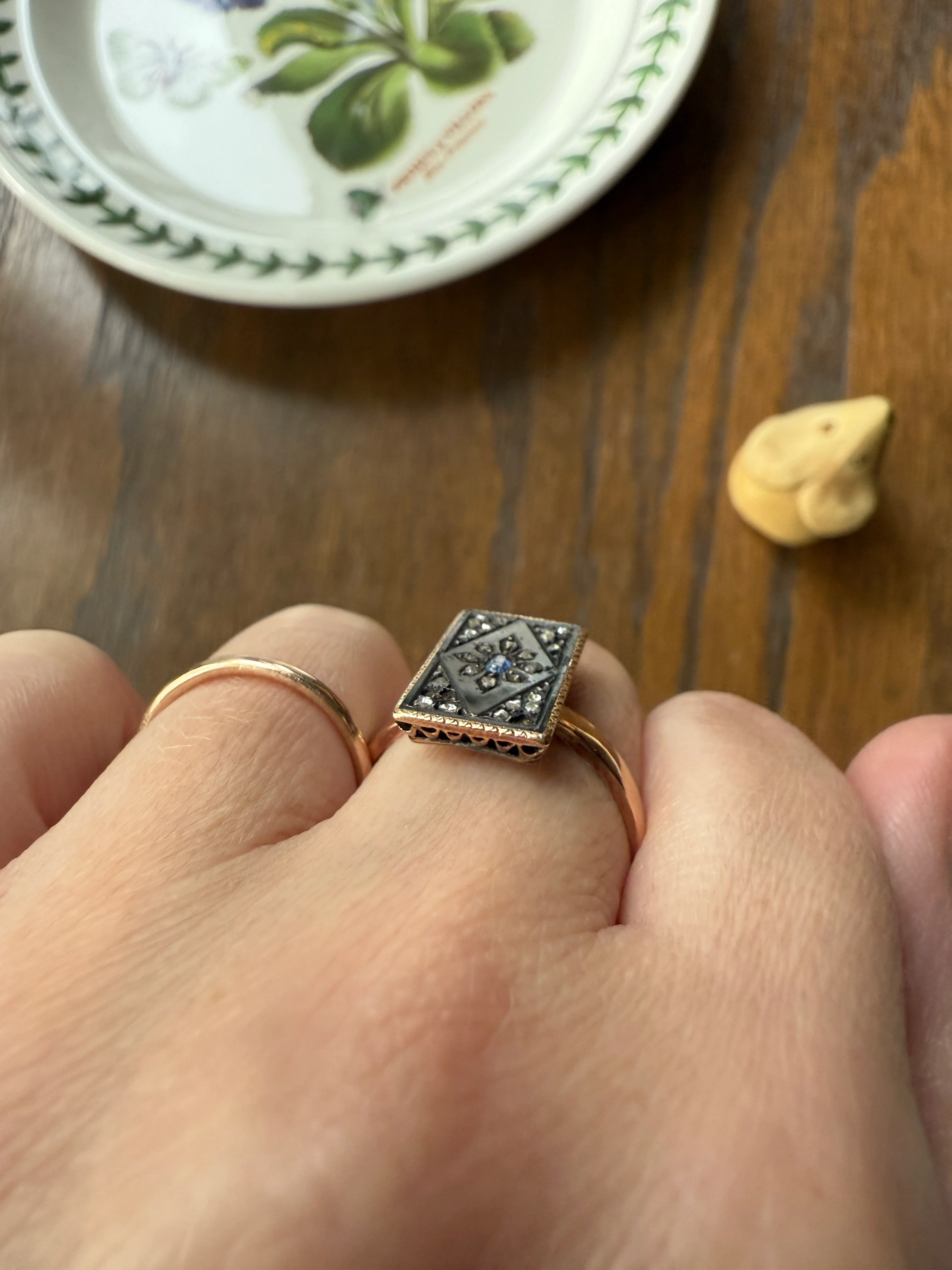 Antique Blue SAPPHIRE Rose Cut DIAMOND Black Enamel 14k Rosy Gold Plaque Ring Floral Geometric Rectangular Panel - Image 14