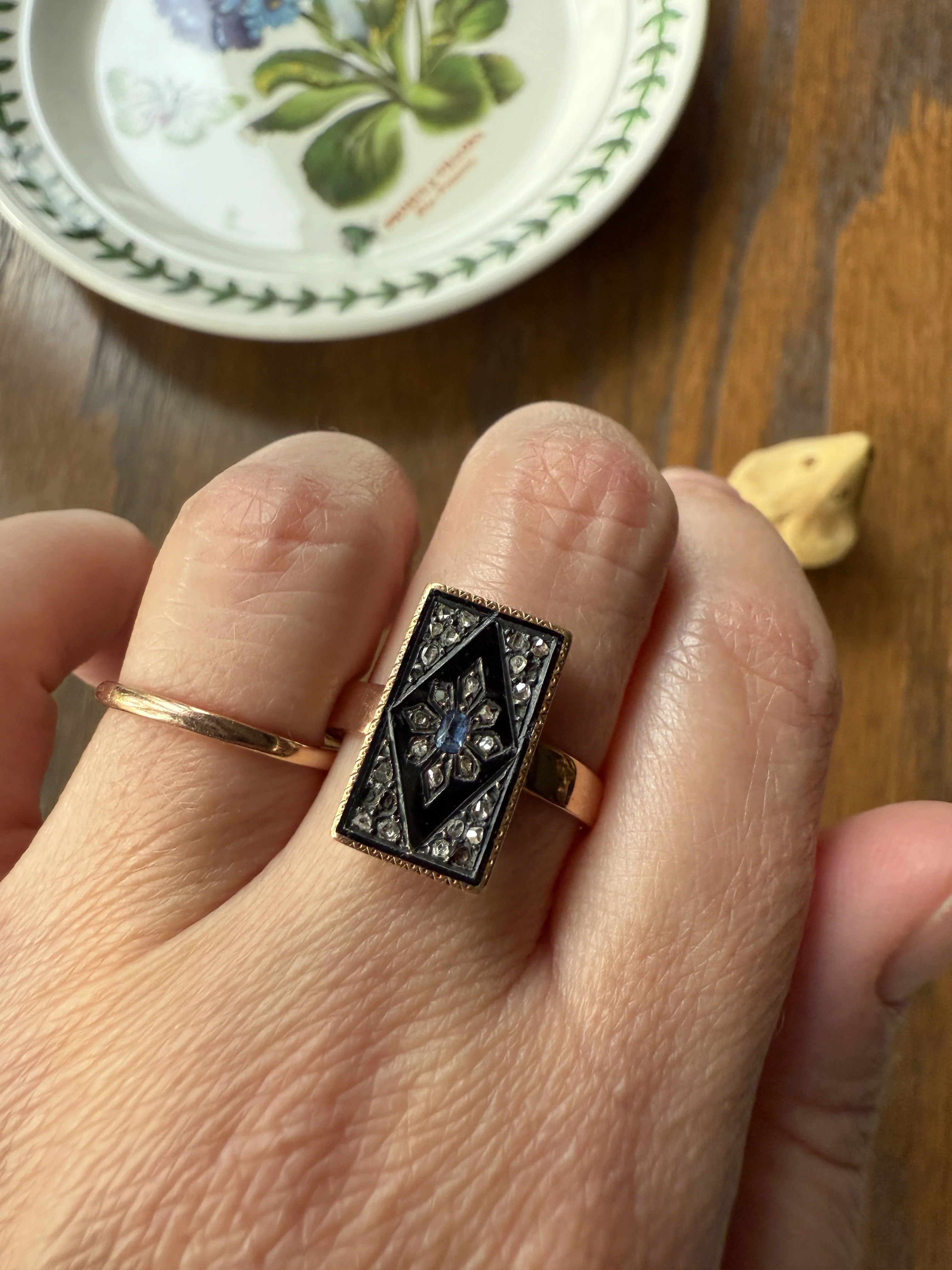 Antique Blue SAPPHIRE Rose Cut DIAMOND Black Enamel 14k Rosy Gold Plaque Ring Floral Geometric Rectangular Panel - Image 15