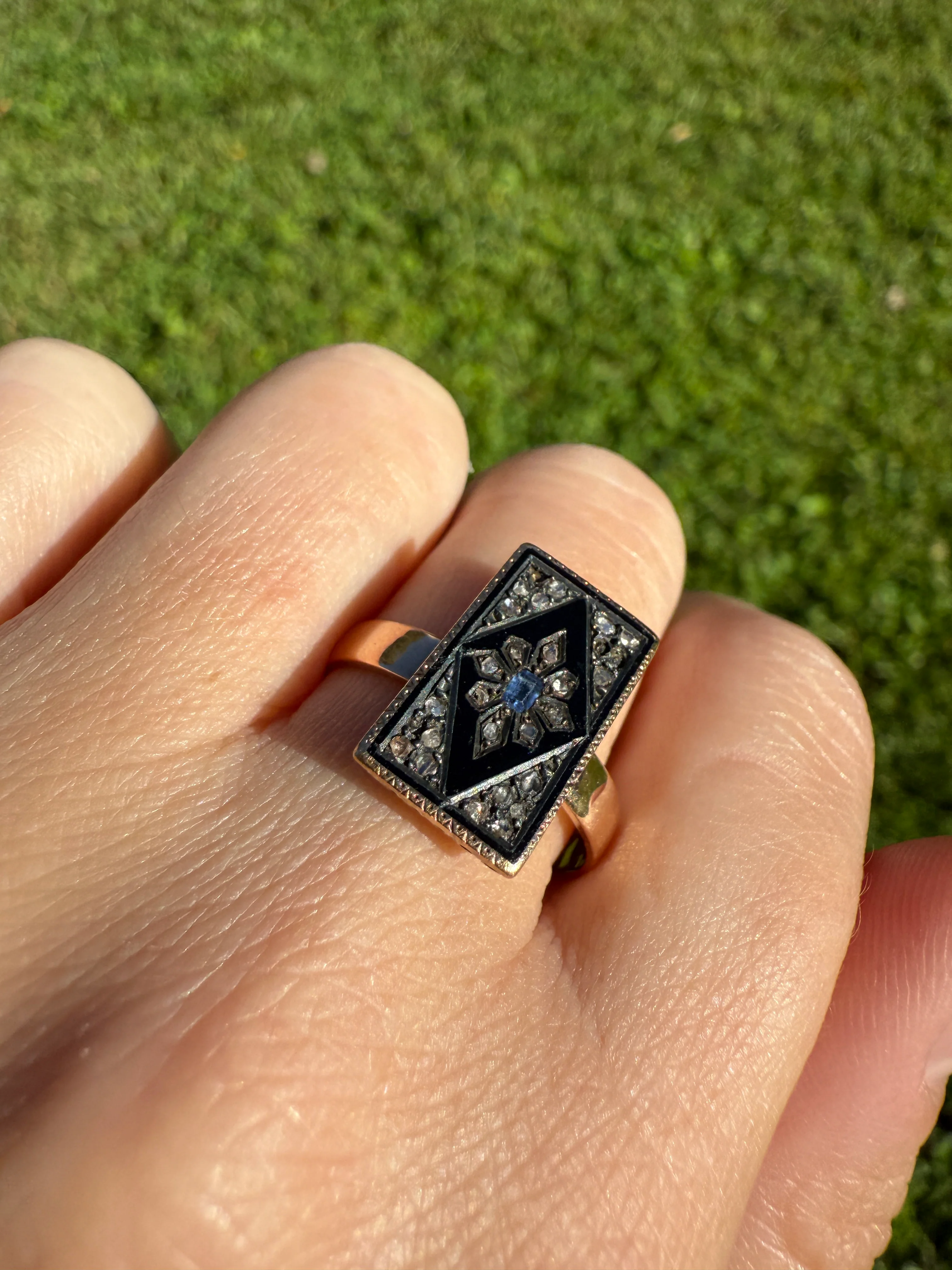 Antique Blue SAPPHIRE Rose Cut DIAMOND Black Enamel 14k Rosy Gold Plaque Ring Floral Geometric Rectangular Panel - Image 16