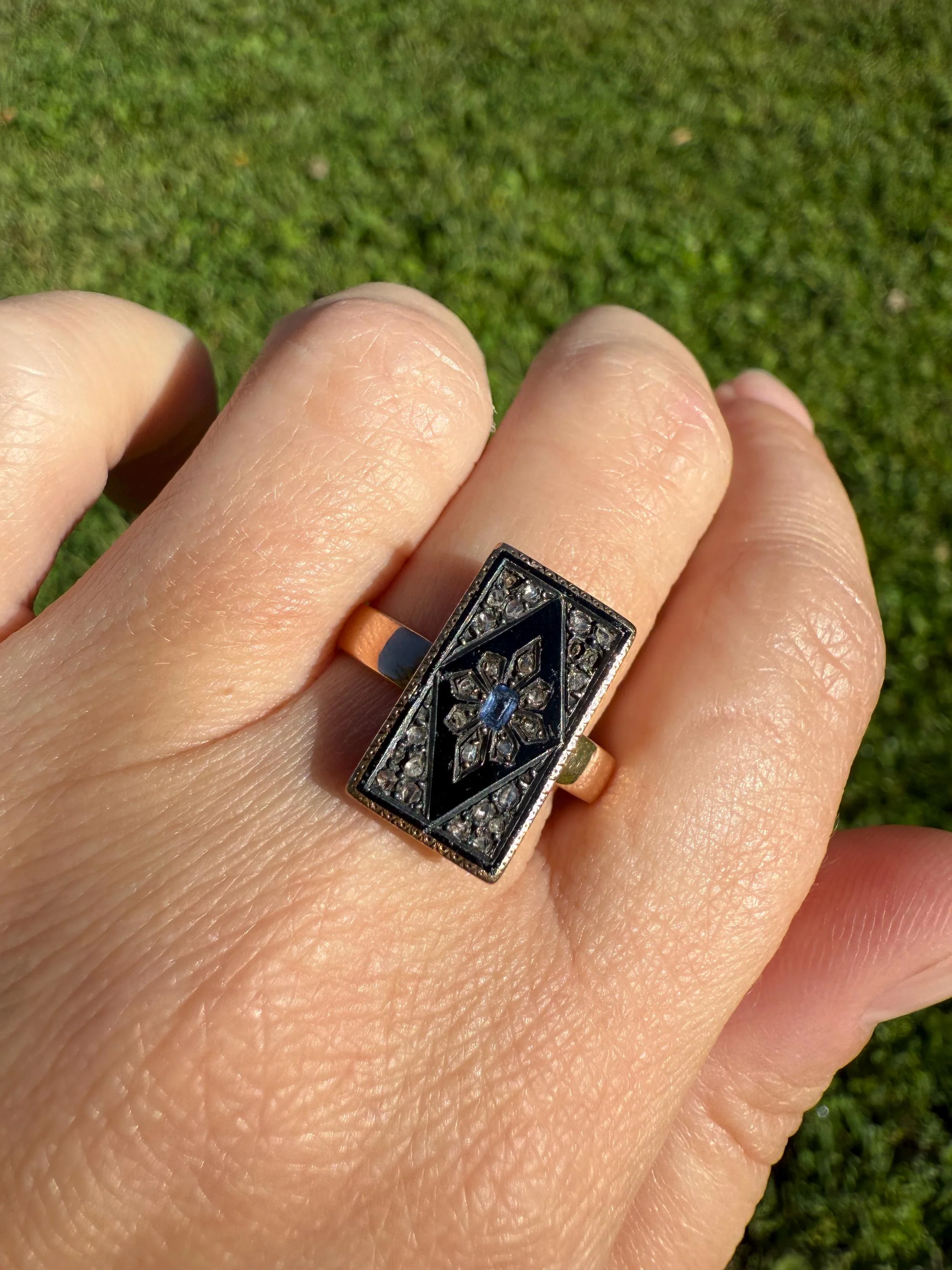 Antique Blue SAPPHIRE Rose Cut DIAMOND Black Enamel 14k Rosy Gold Plaque Ring Floral Geometric Rectangular Panel - Image 2