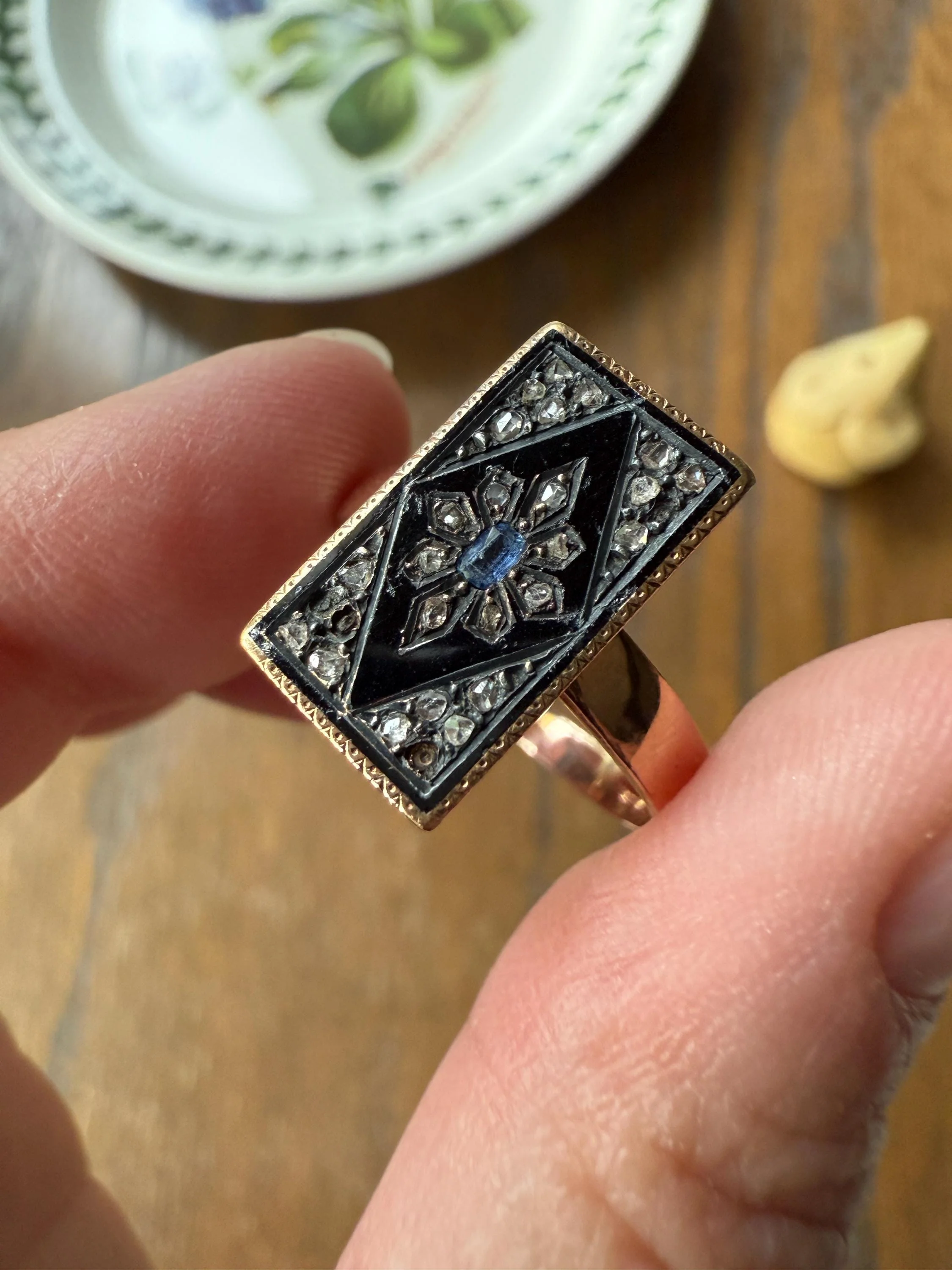 Antique Blue SAPPHIRE Rose Cut DIAMOND Black Enamel 14k Rosy Gold Plaque Ring Floral Geometric Rectangular Panel - Image 3