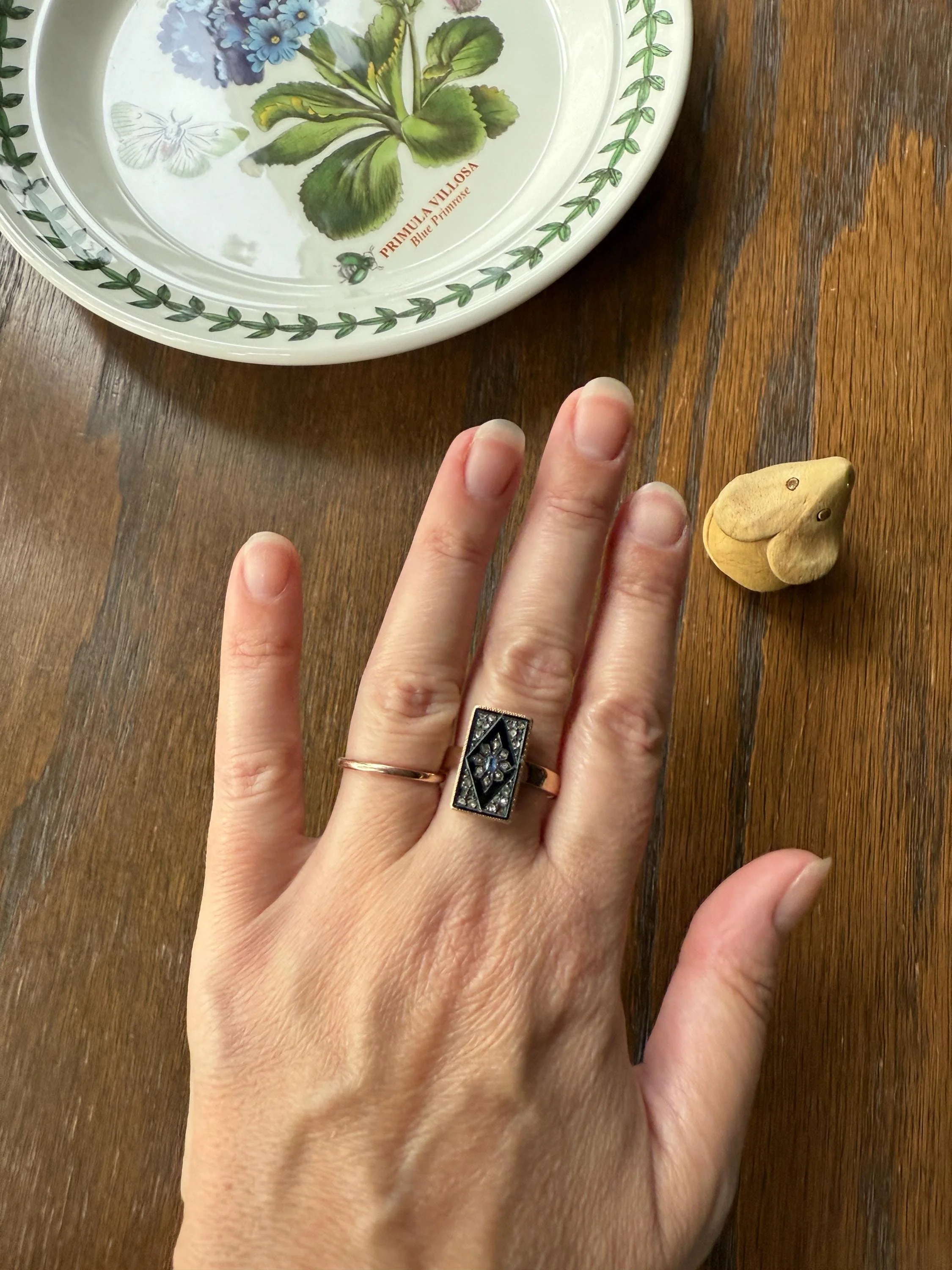 Antique Blue SAPPHIRE Rose Cut DIAMOND Black Enamel 14k Rosy Gold Plaque Ring Floral Geometric Rectangular Panel - Image 4